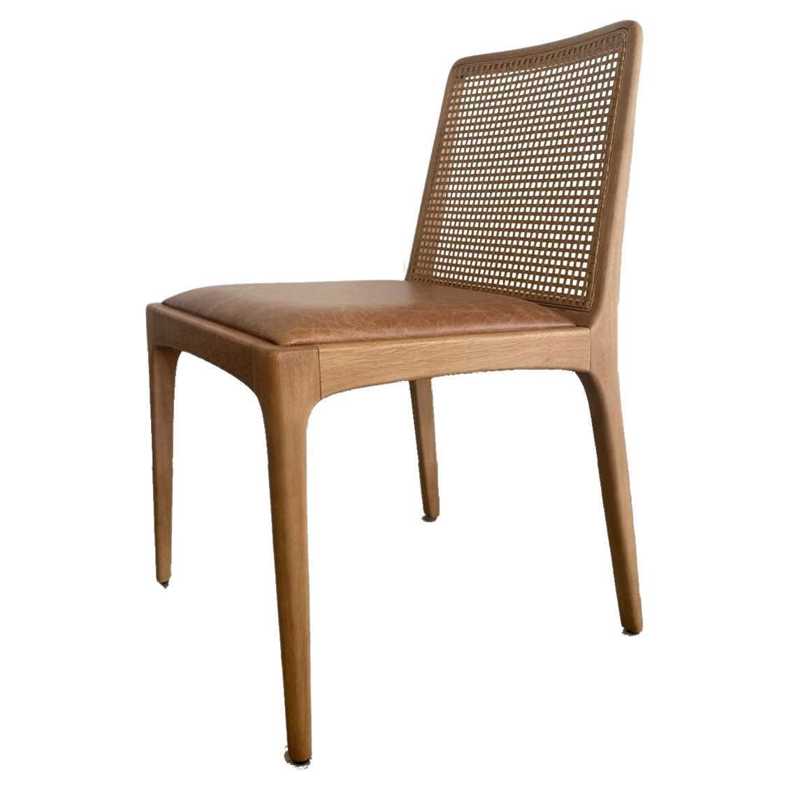 "Julia" Minimalist Chair in Solid Wood, cane backrest and natural leather seat For Sale