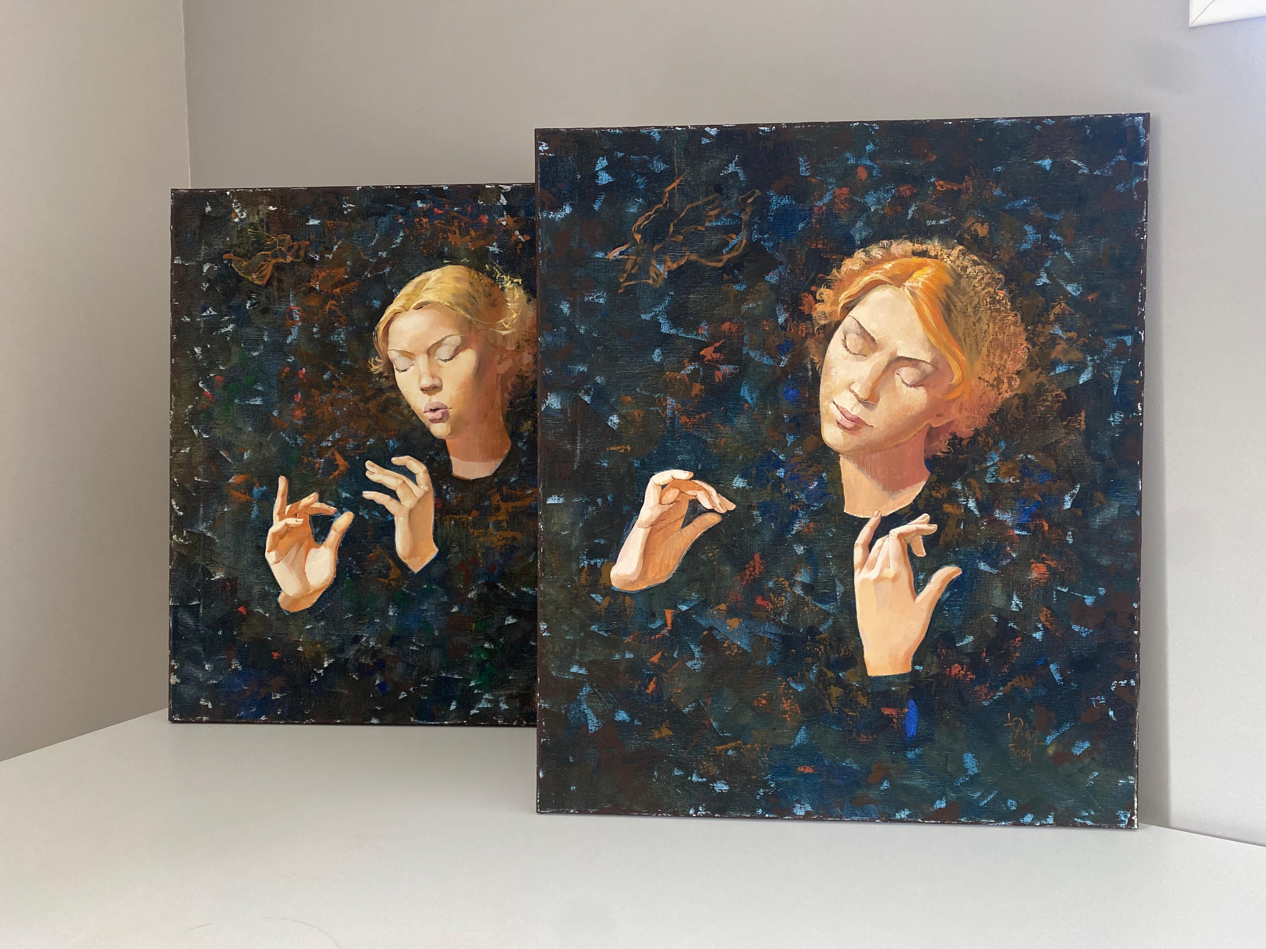 Angel I. Mystisches/symbolisches Ölgemälde, vertikal, dunkle Farben, Medium-Größe im Angebot 12