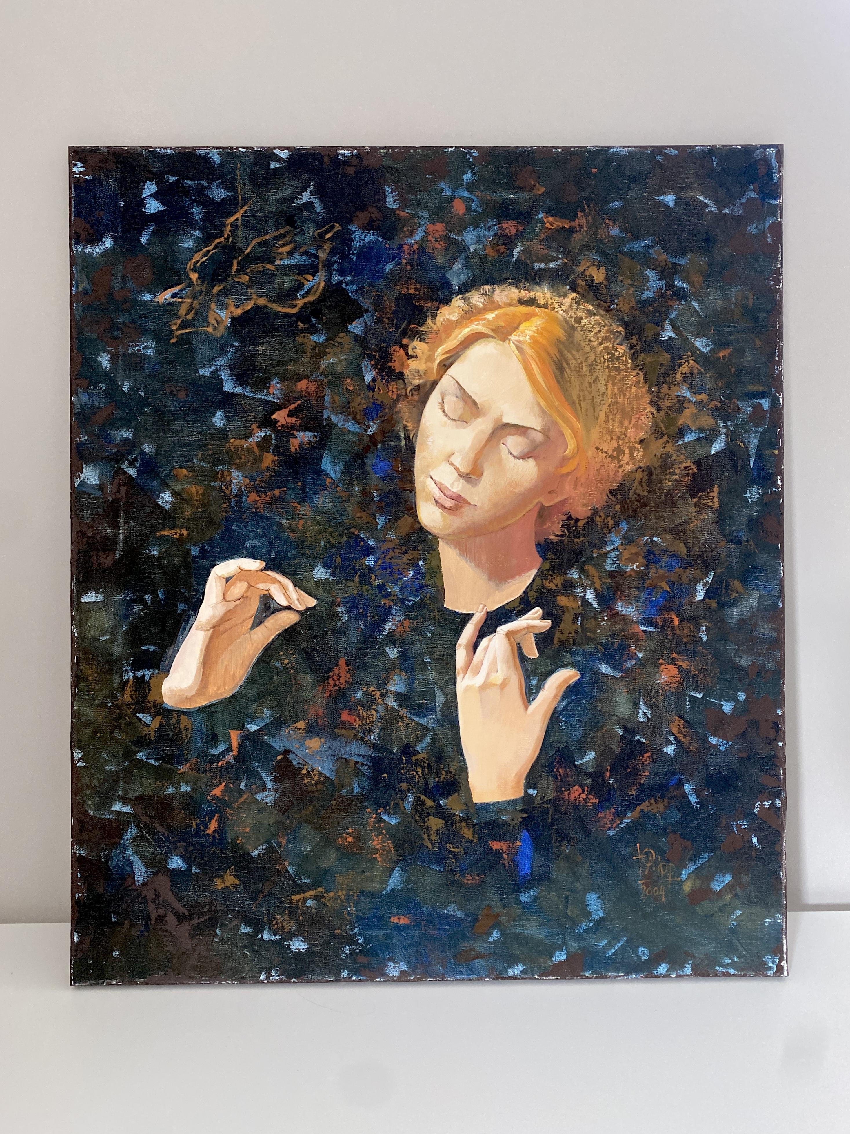 Angel I. Mystisches/symbolisches Ölgemälde, vertikal, dunkle Farben, Medium-Größe im Angebot 13