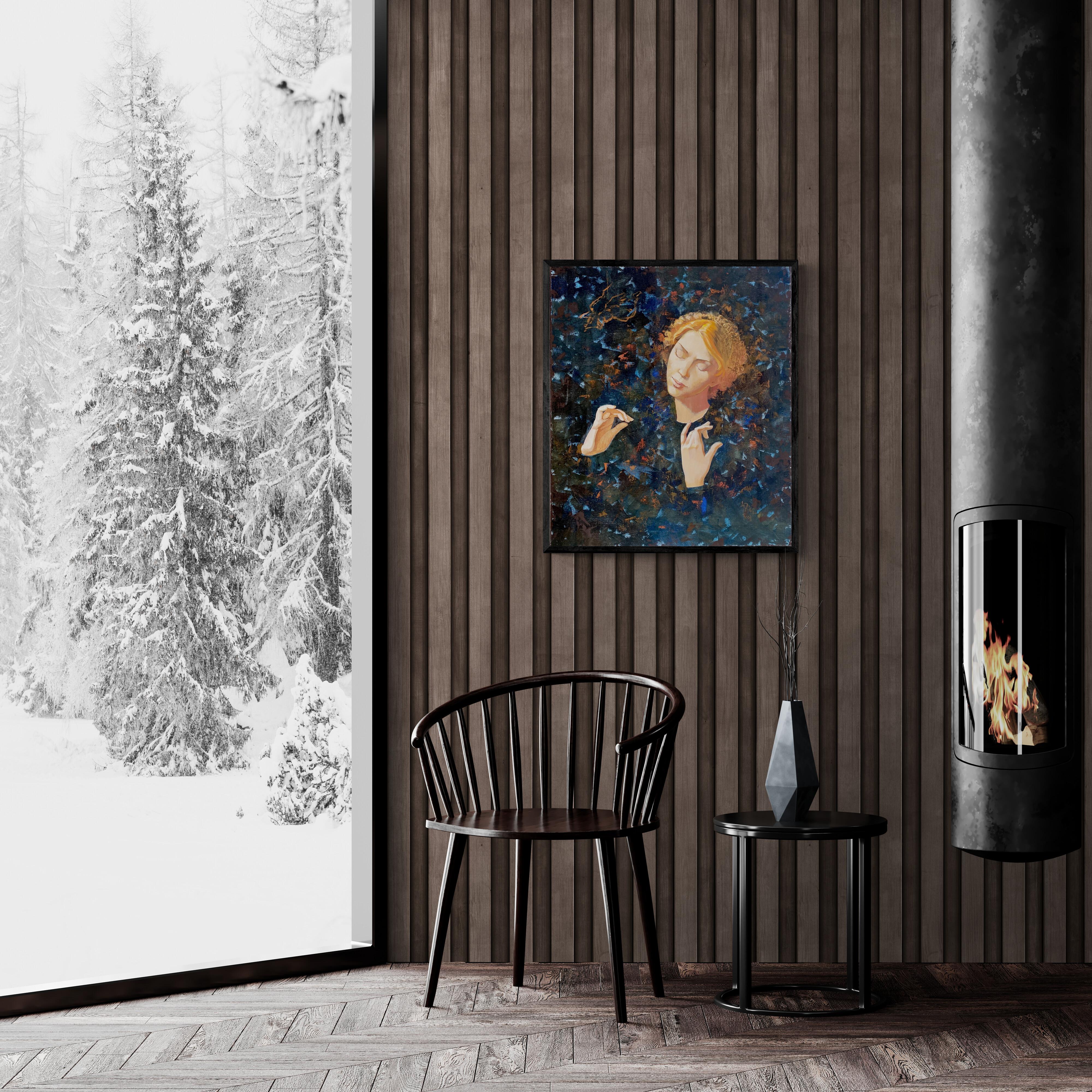 Angel I. Mystisches/symbolisches Ölgemälde, vertikal, dunkle Farben, Medium-Größe (Surrealismus), Painting, von Julia Mordvinova Gilje