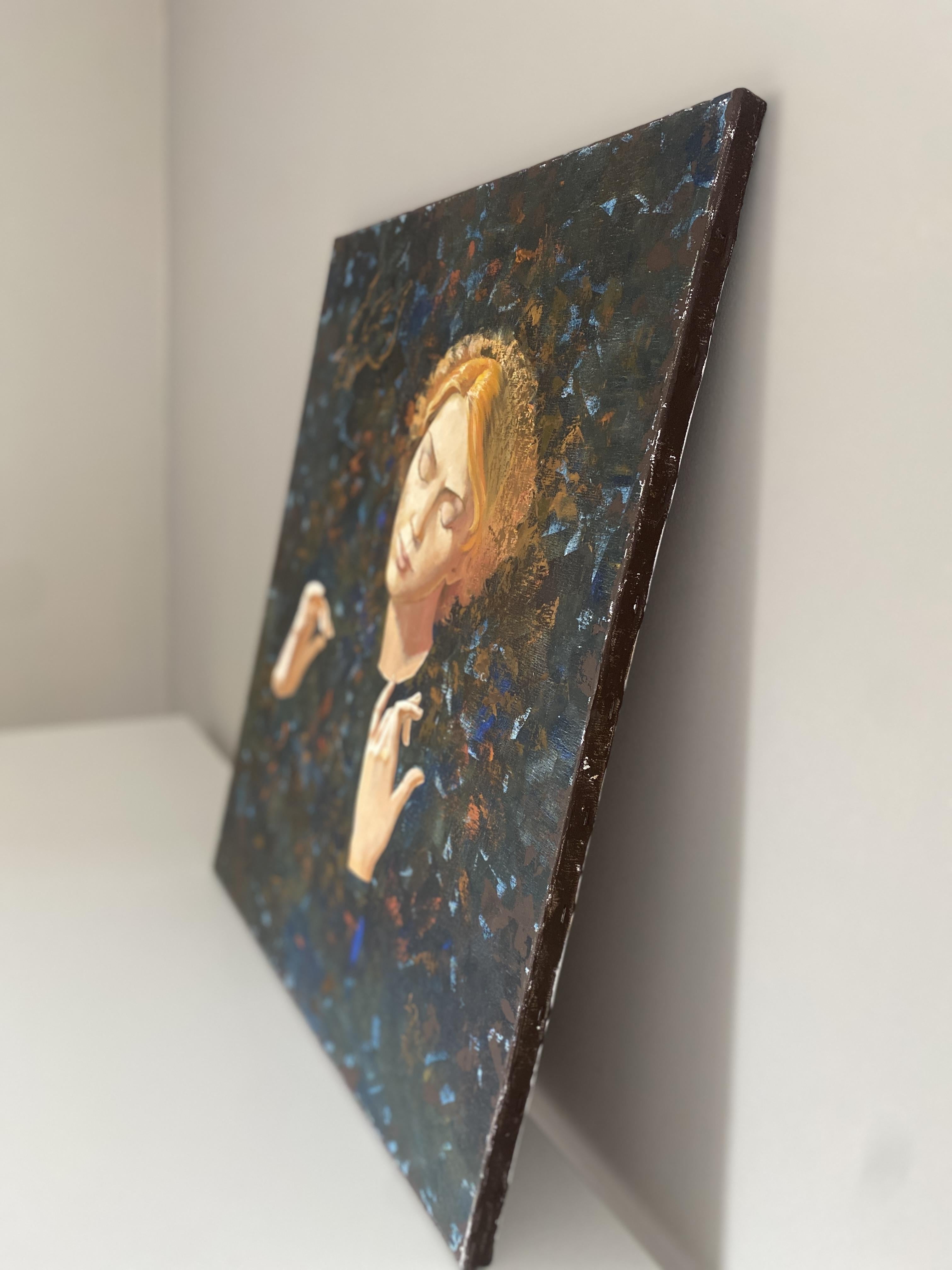 Angel I. Mystisches/symbolisches Ölgemälde, vertikal, dunkle Farben, Medium-Größe im Angebot 1