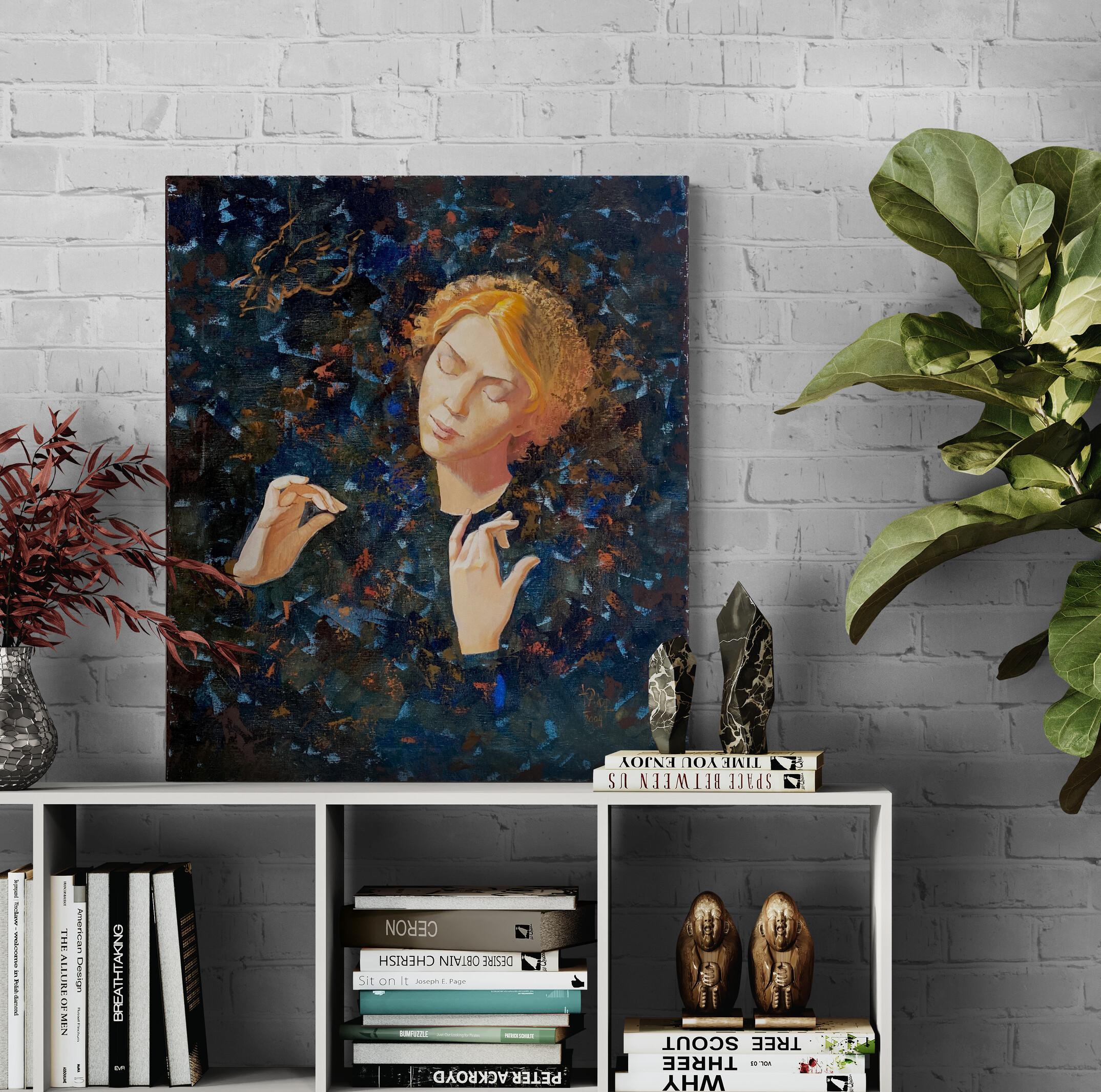 Angel I. Mystisches/symbolisches Ölgemälde, vertikal, dunkle Farben, Medium-Größe im Angebot 2