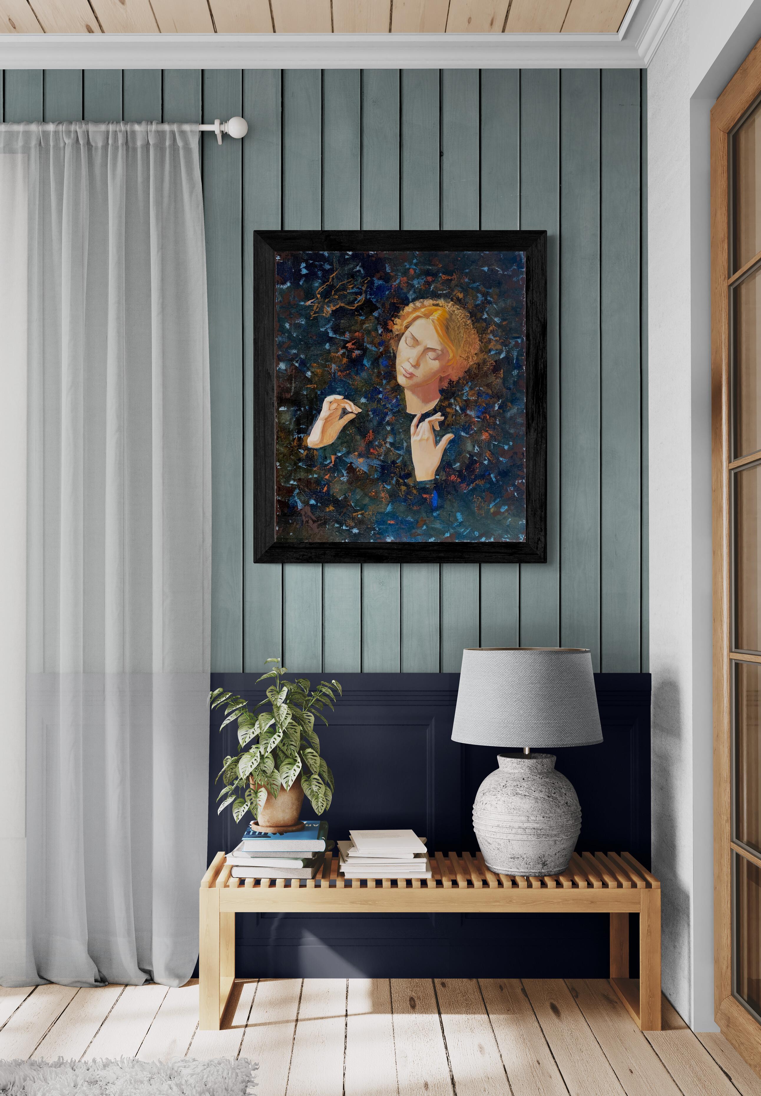 Angel I. Mystisches/symbolisches Ölgemälde, vertikal, dunkle Farben, Medium-Größe im Angebot 3