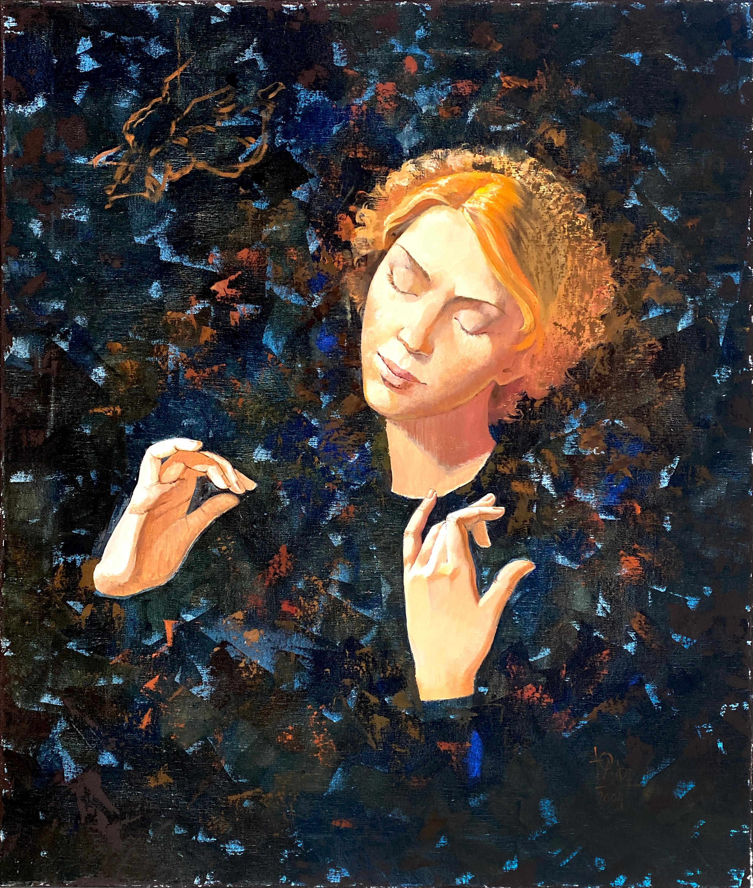 Angel I. peinture à l'huile mystique/ symbolique, verticale, couleurs sombres, taille moyenne
