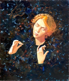 Angelo I. Pittura ad olio mistica/simbolica, verticale, colori scuri, di medie dimensioni.