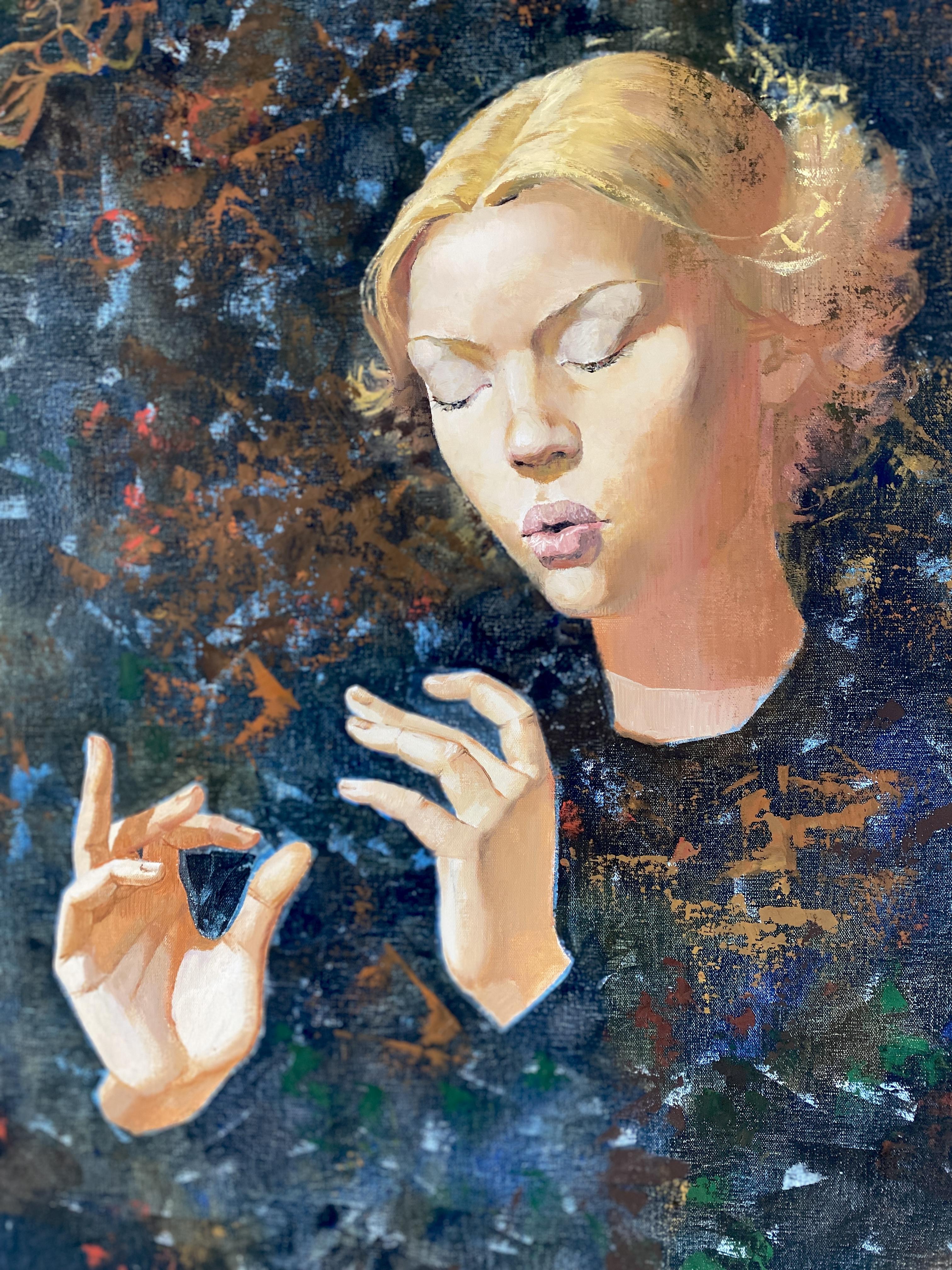 Engel II. Mystisches/symbolistisches Porträt, vertikal, dunkle Farben, mittelgroß. (Schwarz), Portrait Painting, von Julia Mordvinova Gilje