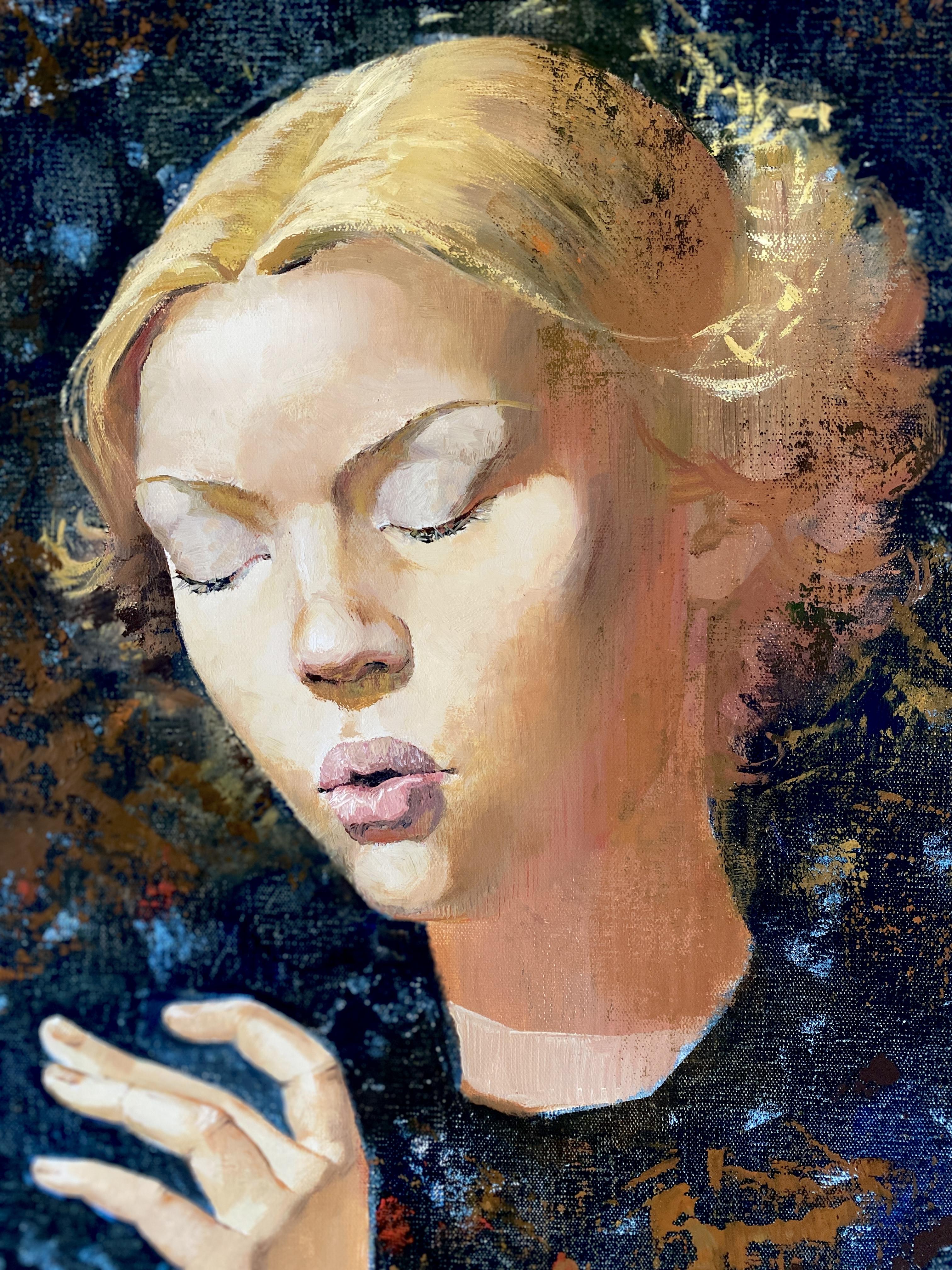 Dieses Porträt fängt einen wahrhaft mystischen Moment ein. Eine junge, bezaubernde Gestalt - wir nennen sie Angel - spielt anmutig eine unsichtbare Flöte. Umgeben von Dunkelheit beleuchtet ein Lichtstrahl nur ihr Gesicht und ihre Hände und hebt sie