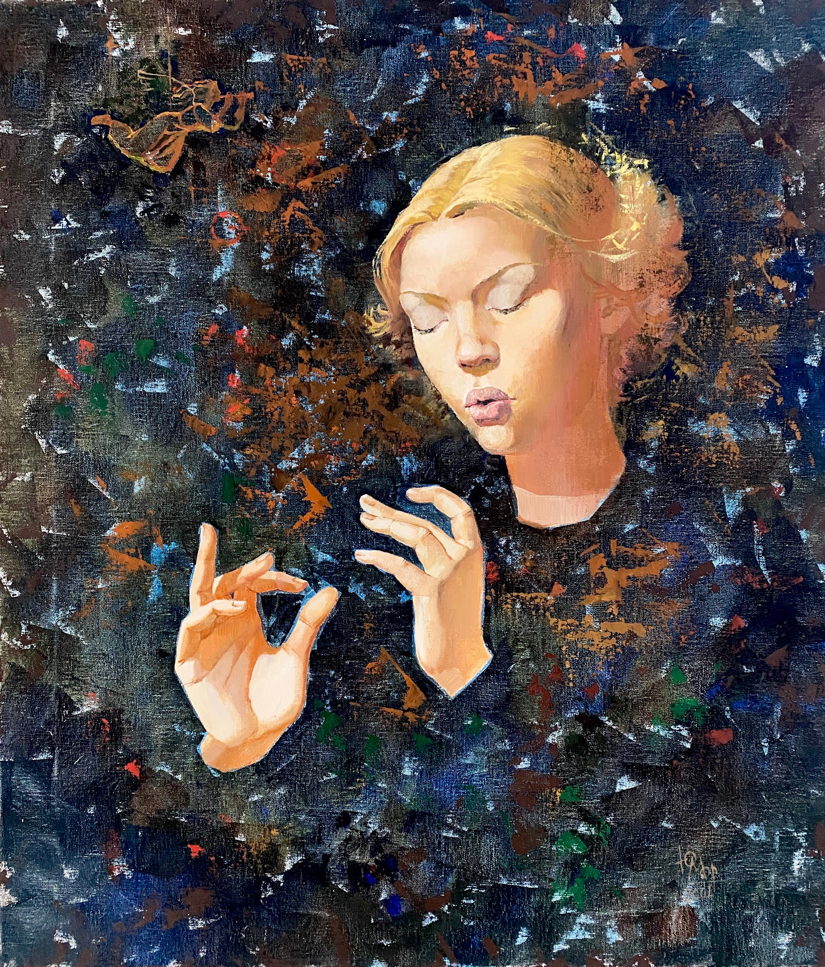 Ange II. Portrait mystique/ symboliste, vertical, couleurs sombres, taille moyenne.