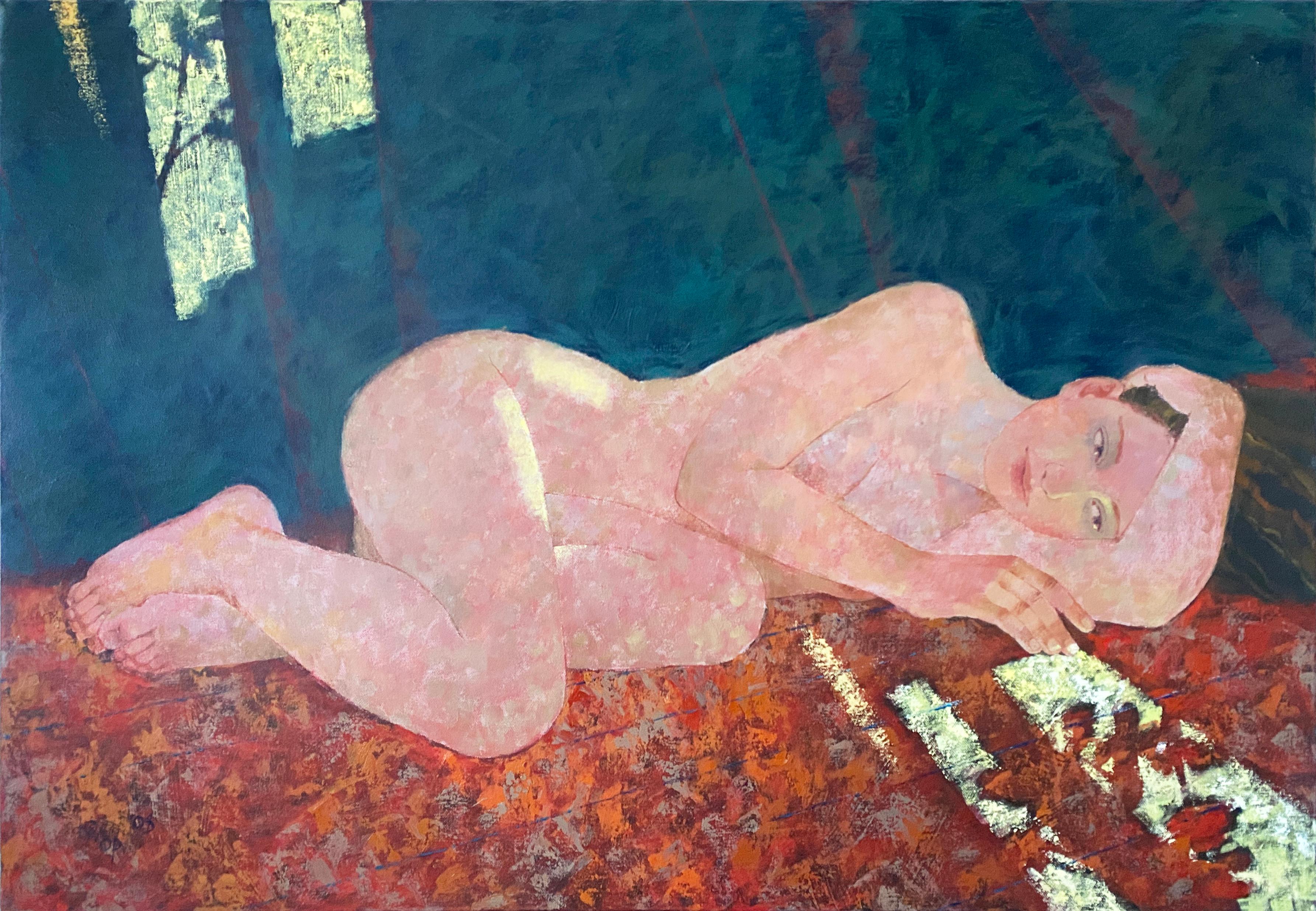 Ruhig liegender Akt mit Goldreflexen. Horizontal, Medienübergreifende Akte