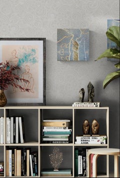 Duality. Small, spiritual, symbolic cat and woman painting, cool gray colors