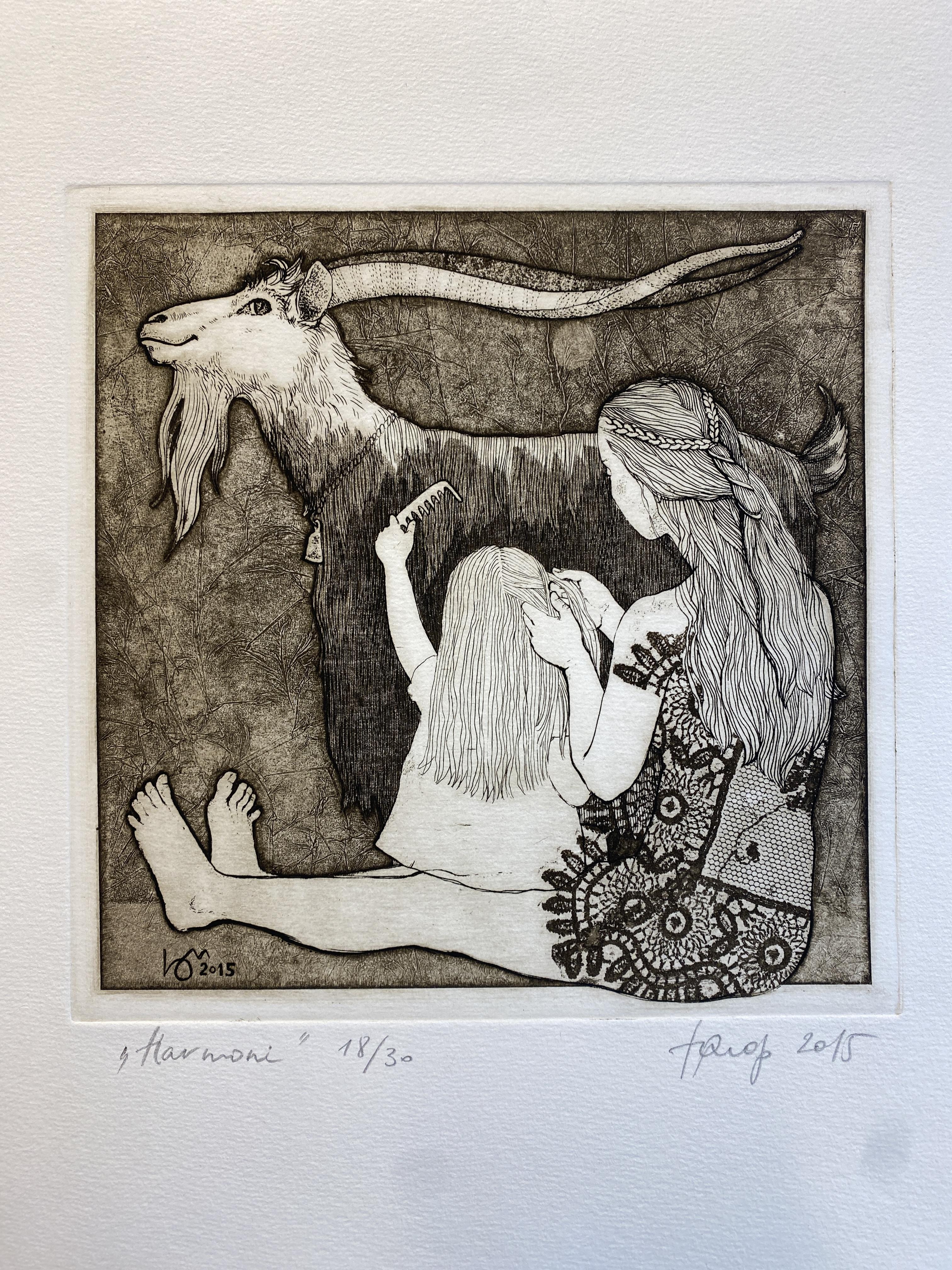 Armonia. Un'incisione tenera, dolce e delicata con madre, figlia e una capra:) - Portrait Painting Grigio di Julia Mordvinova Gilje