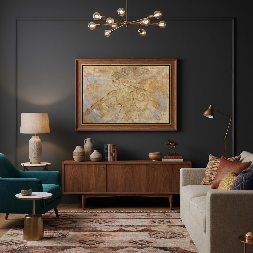 Grand nu figuratif avec de subtiles ailes de papillon, beige et bleu chauds en vente 5