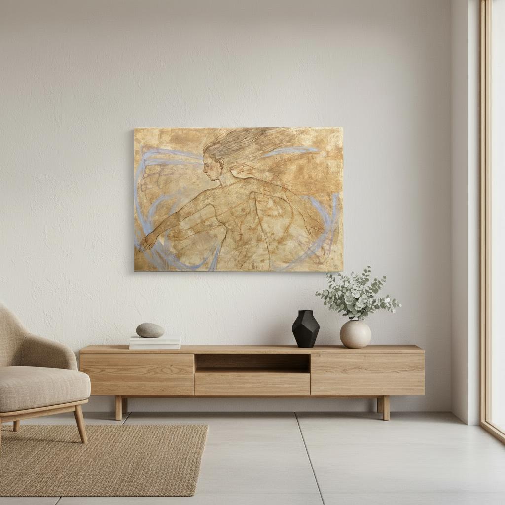 Grand nu figuratif avec de subtiles ailes de papillon, beige et bleu chauds en vente 7