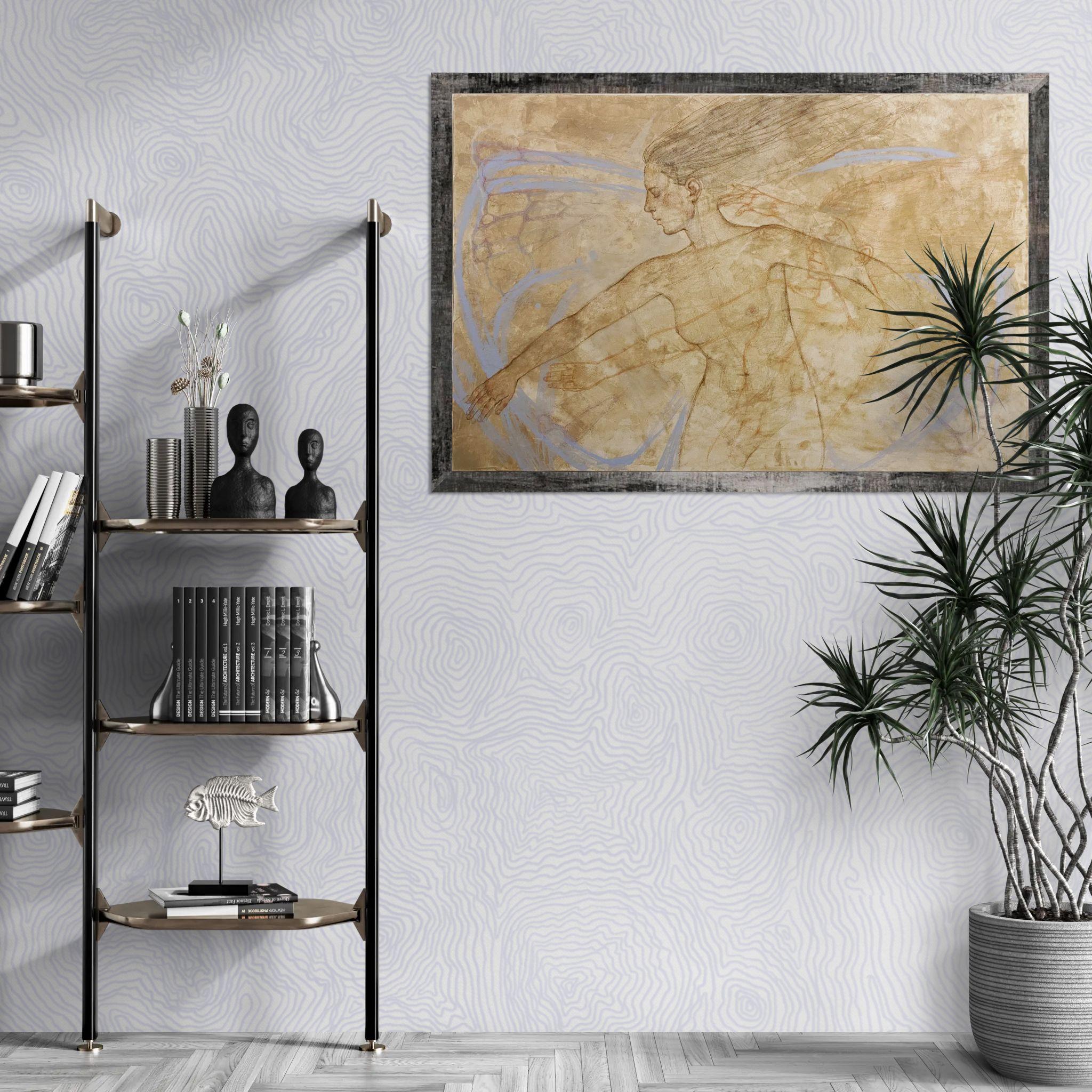 Grand nu figuratif avec de subtiles ailes de papillon, beige et bleu chauds en vente 9