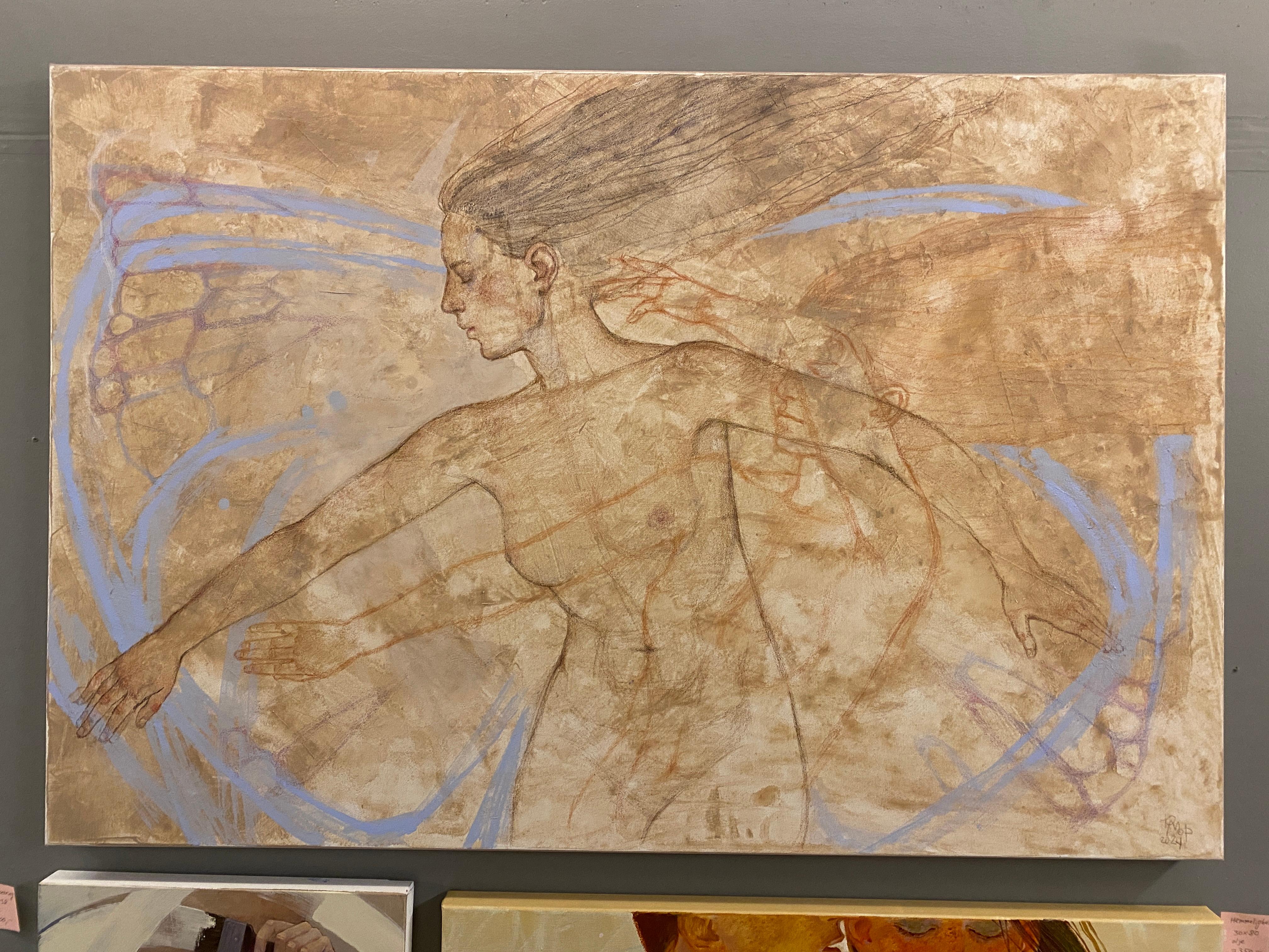 Grand nu figuratif avec de subtiles ailes de papillon, beige et bleu chauds - Painting de Julia Mordvinova Gilje