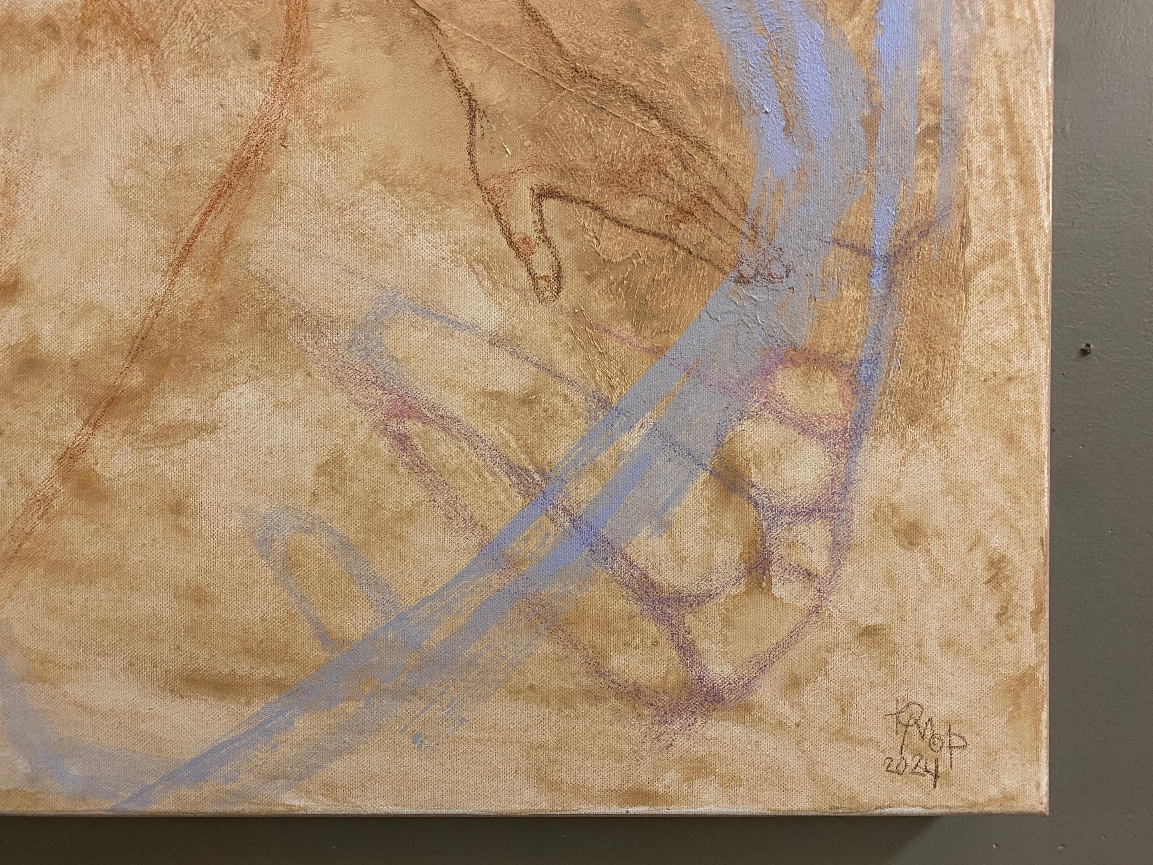 Grand nu figuratif avec de subtiles ailes de papillon, beige et bleu chauds - Contemporain Painting par Julia Mordvinova Gilje