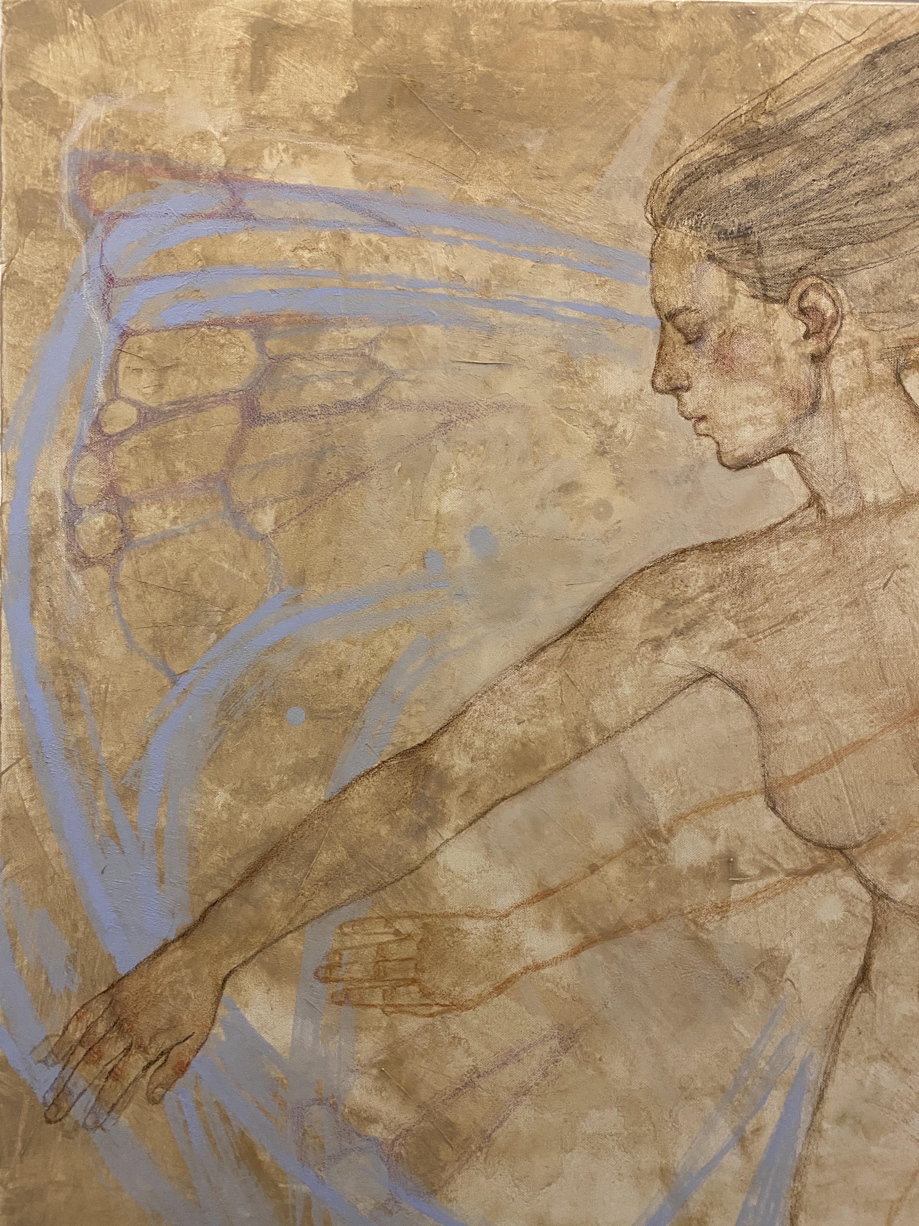 Grand nu figuratif avec de subtiles ailes de papillon, beige et bleu chauds - Beige Nude Painting par Julia Mordvinova Gilje