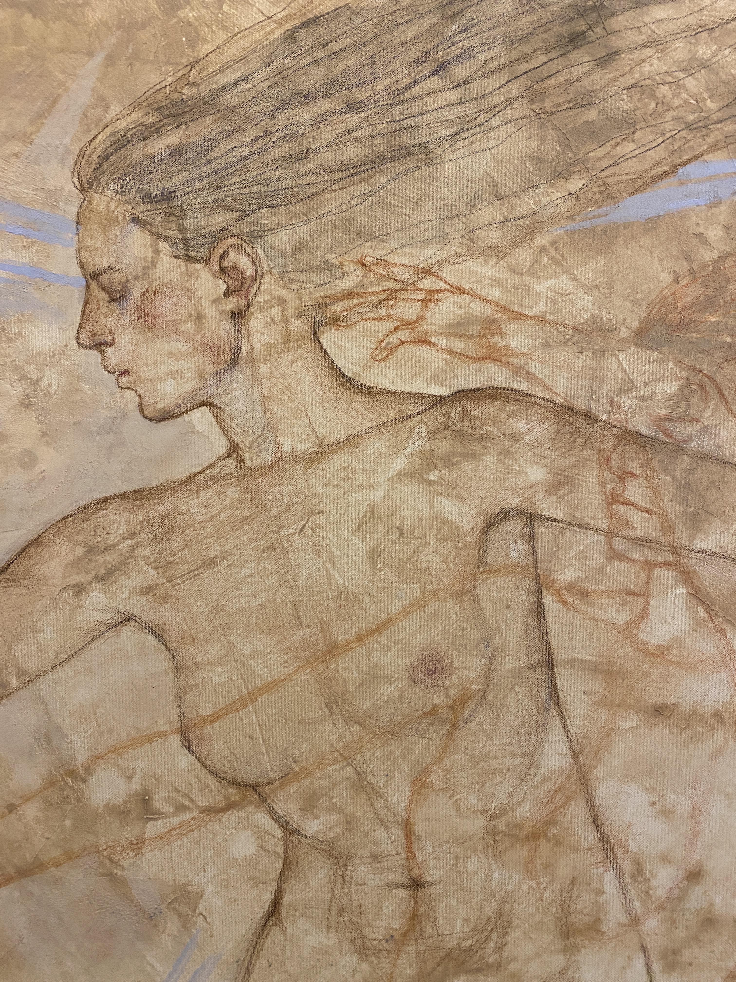 Une grande peinture figurative contemporaine qui explore le mouvement, la transformation et la conscience de soi. La forme A apparaît à la fois immobile et en mouvement - comme si deux moments de la même personne coexistaient dans une même image.