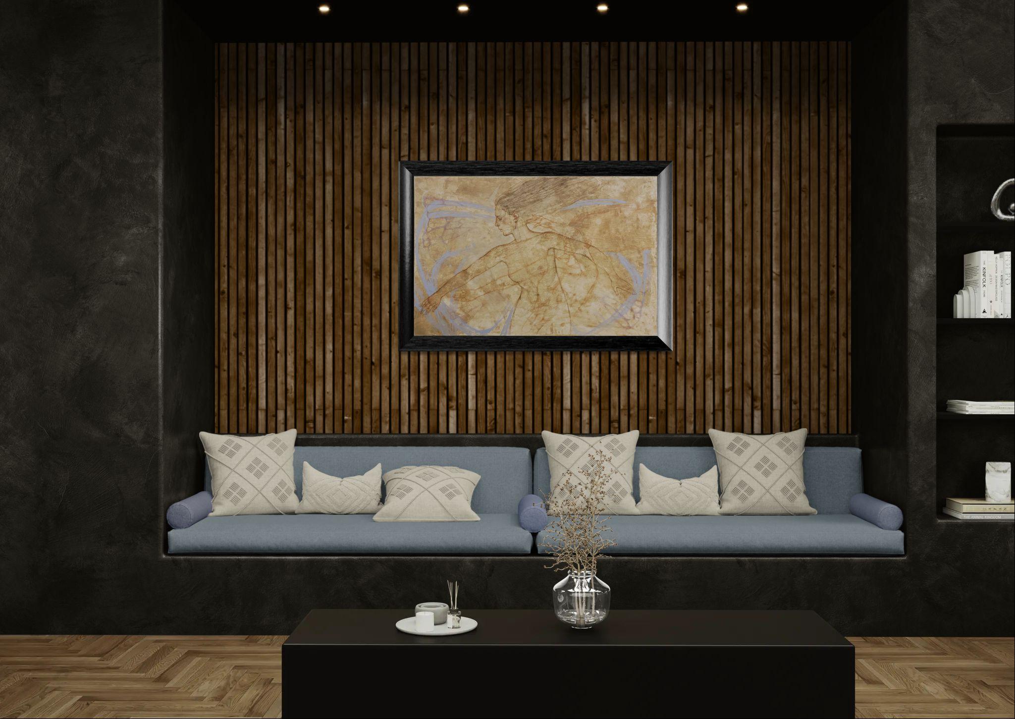 Grand nu figuratif avec de subtiles ailes de papillon, beige et bleu chauds en vente 4