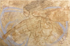 Gran desnudo figurativo con sutiles alas de mariposa, beige cálido y azul