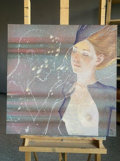 Out of skin. Semi-nude female portrait, warm gold, cosmic, symbolic figurative