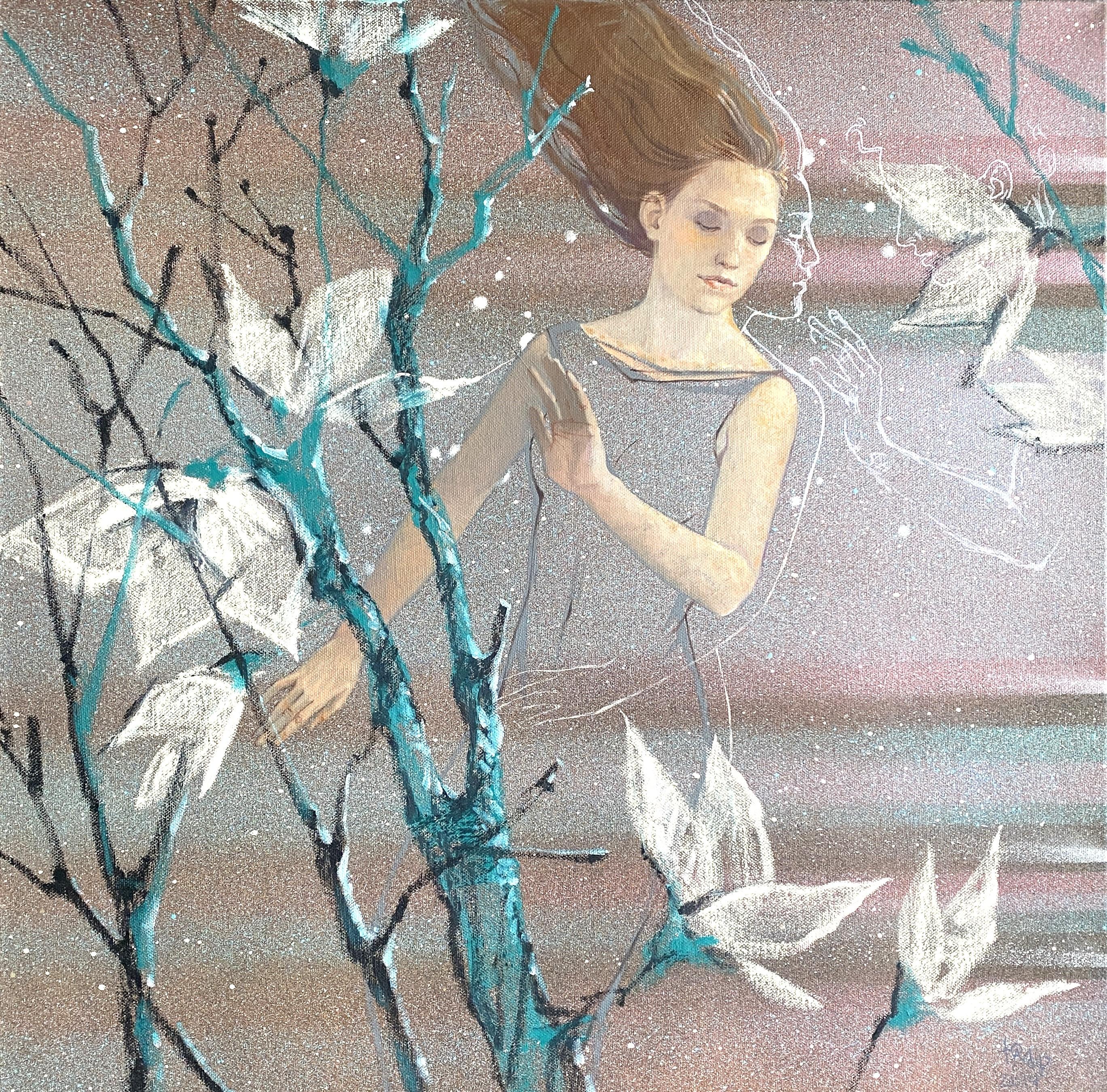 Space. Contemporary figurative painting of a woman, blue tones, square format