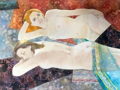 Sunlit Serenity. Art Nouveau style nude women, watercolor on 640 gsm paper