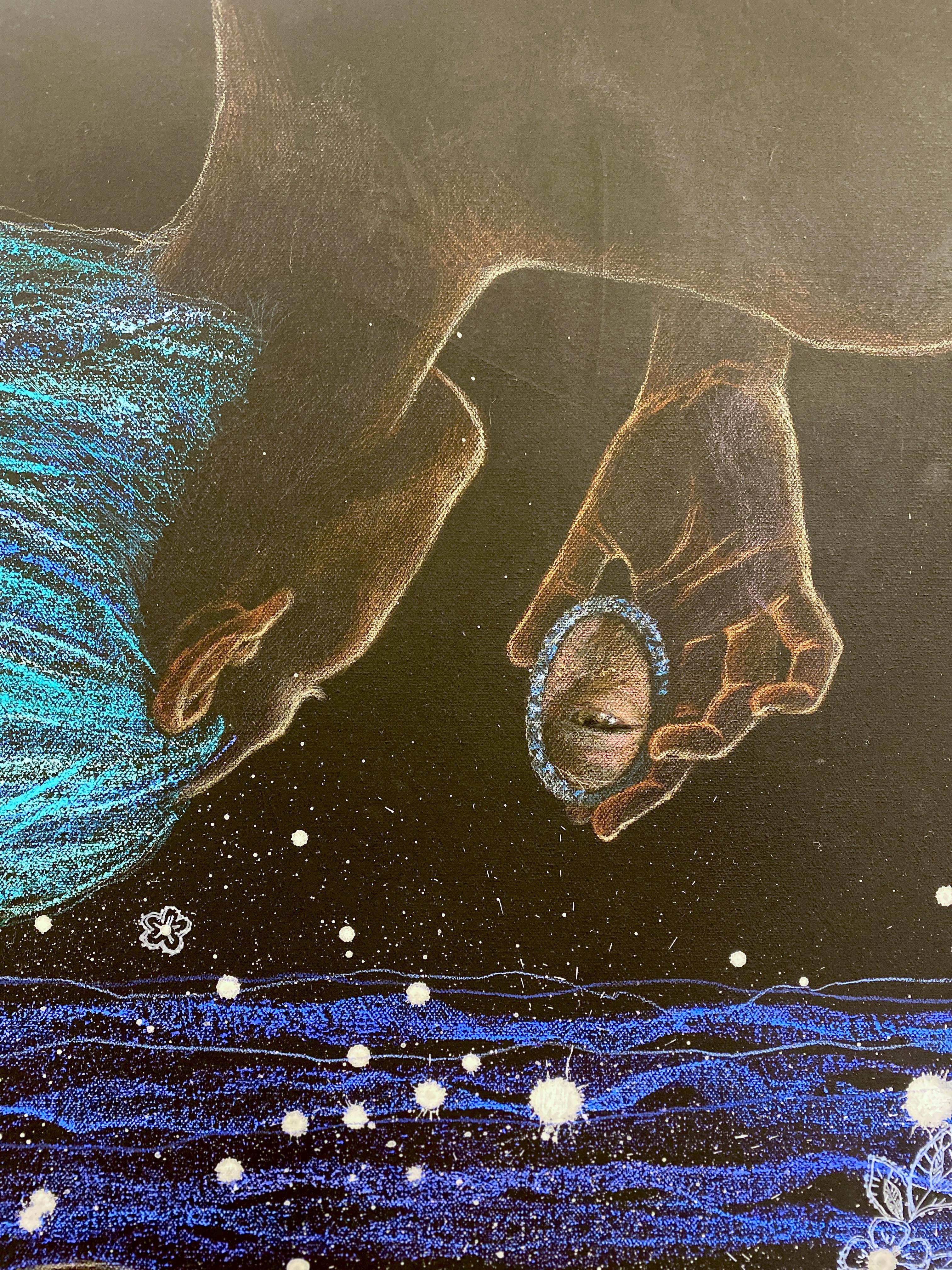 Symbolisches weibliches Doppelporträt, horizontal, dunkel mit blau, lila und türkis im Angebot 5