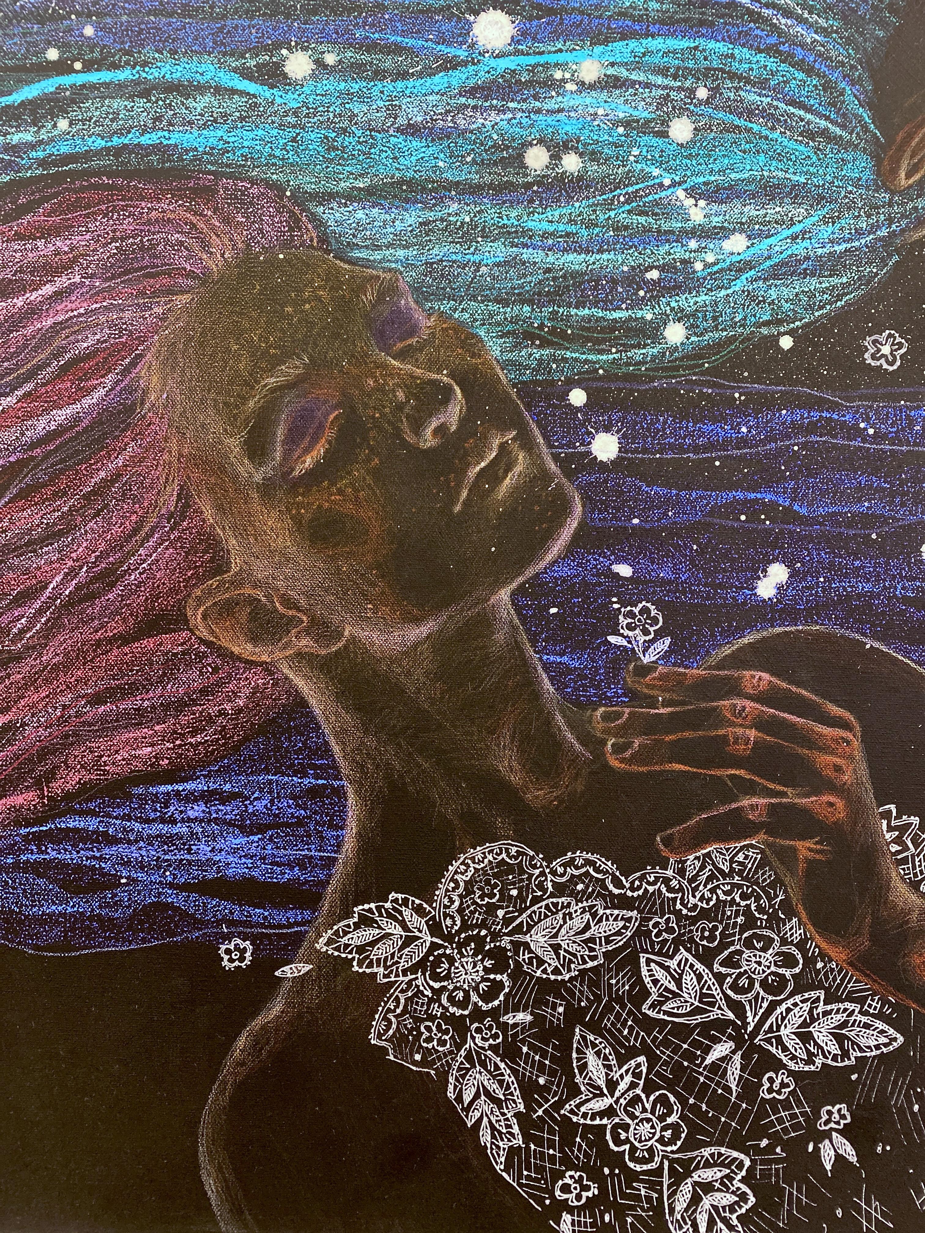 Symbolisches weibliches Doppelporträt, horizontal, dunkel mit blau, lila und türkis im Angebot 6