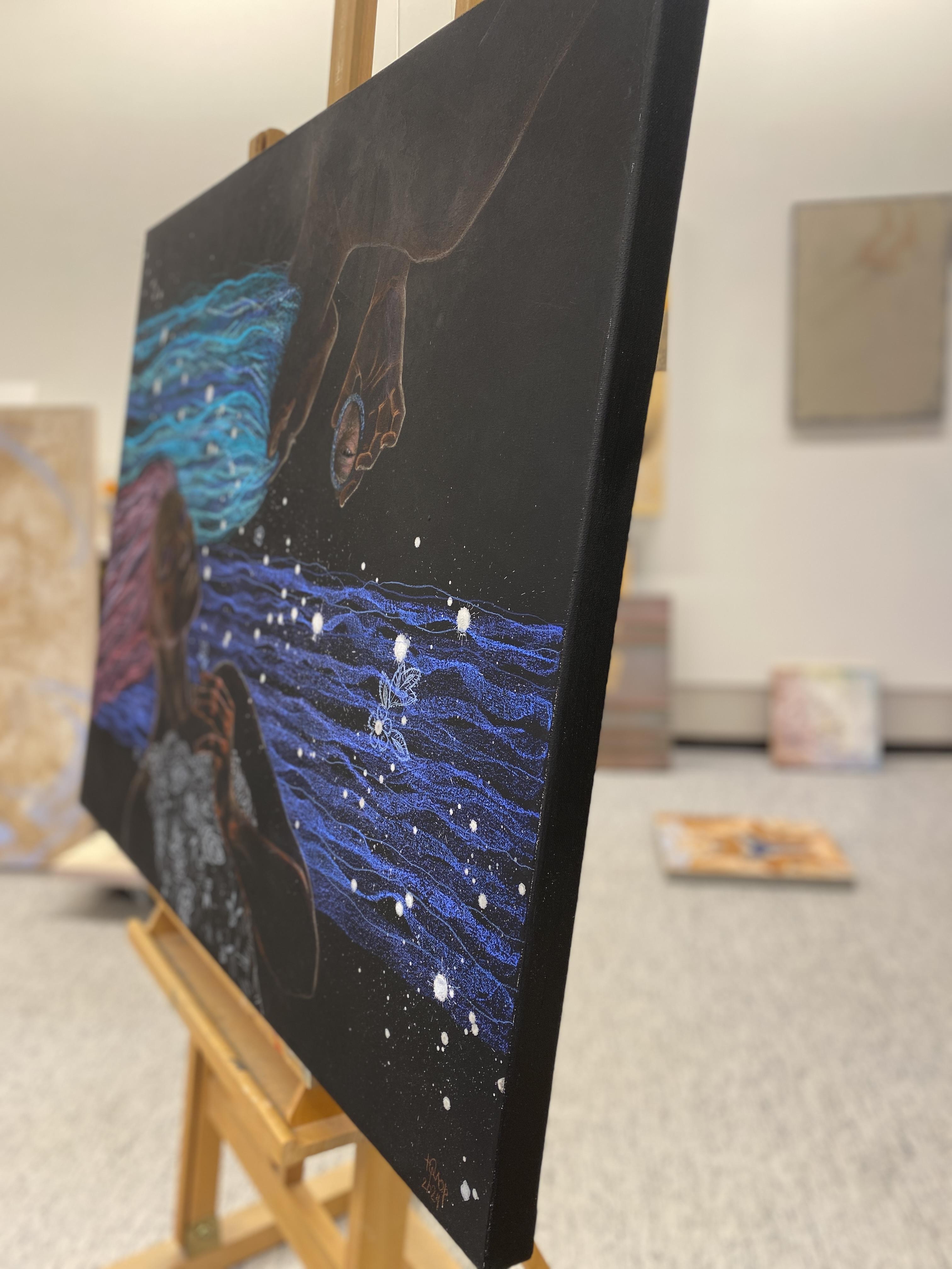 Symbolisches weibliches Doppelporträt, horizontal, dunkel mit blau, lila und türkis im Angebot 7