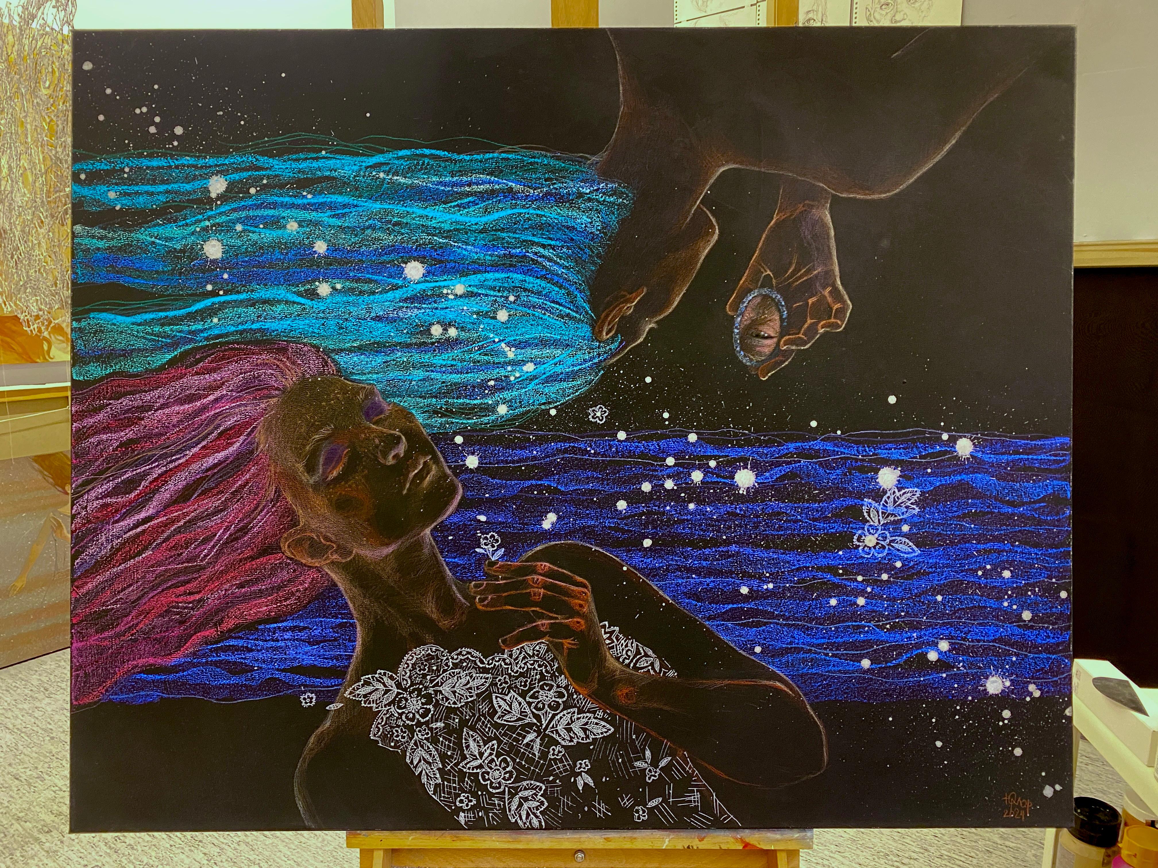 Symbolisches weibliches Doppelporträt, horizontal, dunkel mit blau, lila und türkis im Angebot 8