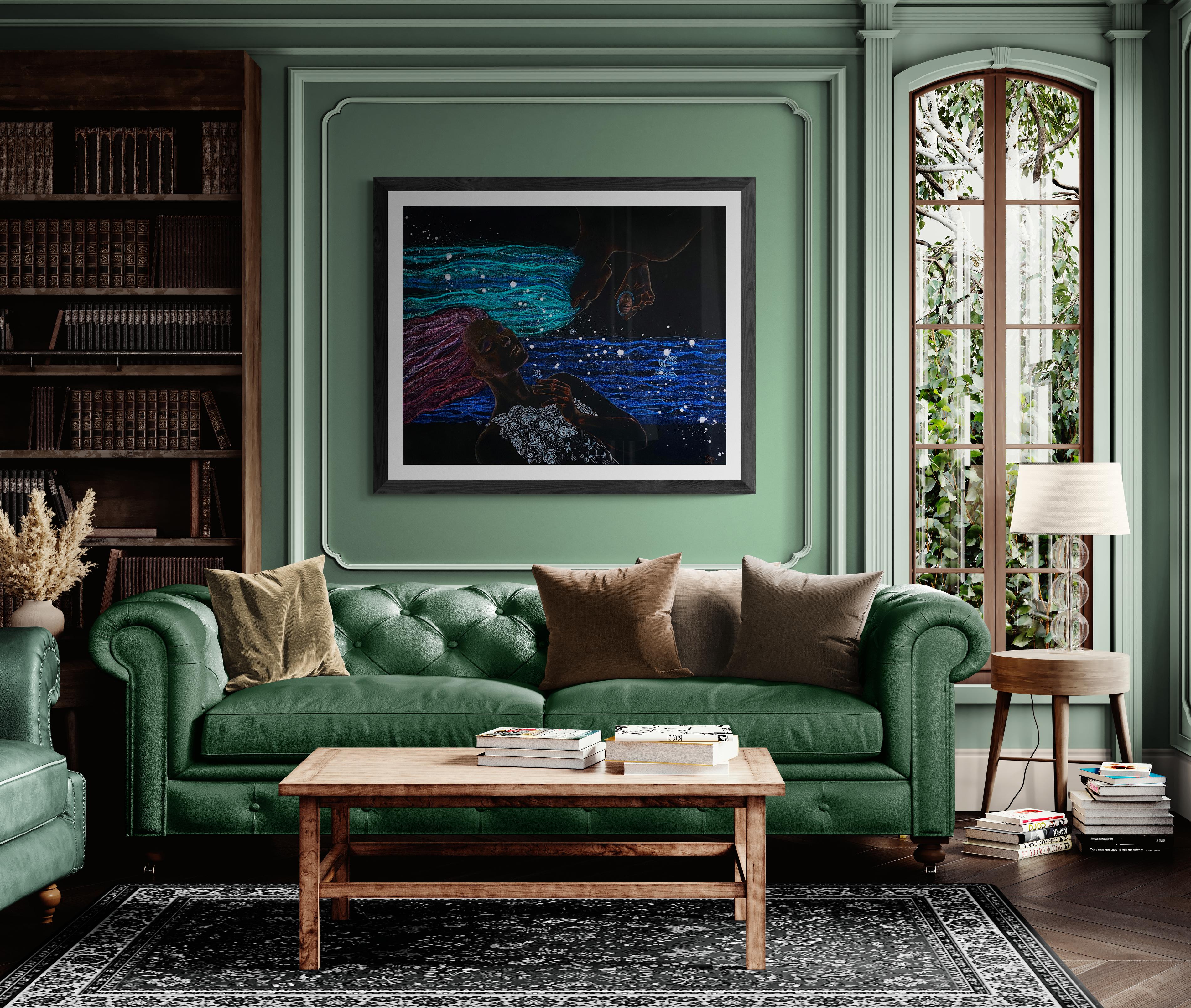 Symbolisches weibliches Doppelporträt, horizontal, dunkel mit blau, lila und türkis – Painting von Julia Mordvinova Gilje