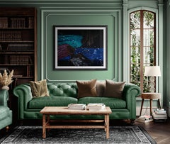 Symbolic double female portrait, horizontal, dark with blue, lilac and turquoise