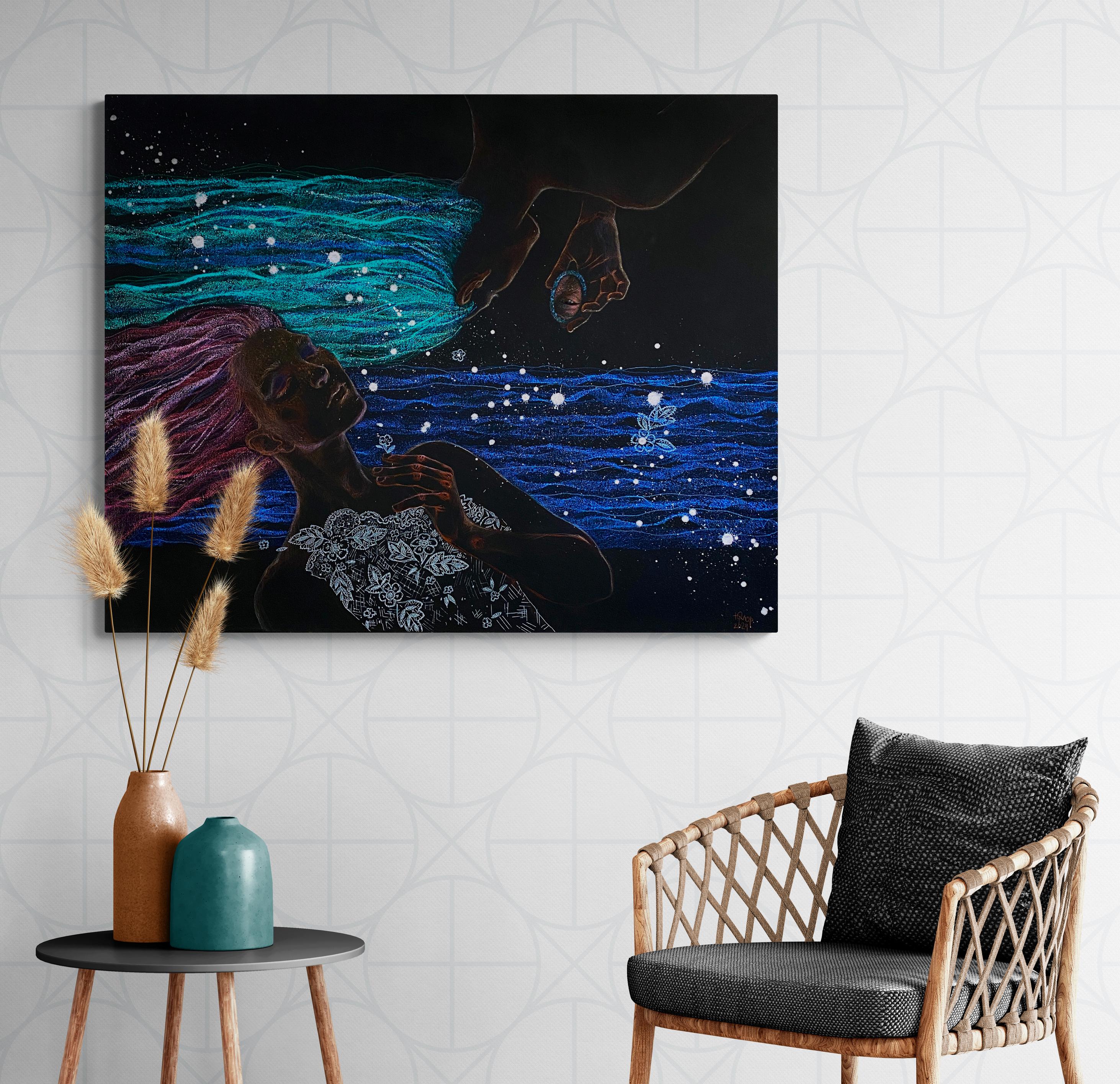 Symbolisches weibliches Doppelporträt, horizontal, dunkel mit blau, lila und türkis (Zeitgenössisch), Painting, von Julia Mordvinova Gilje