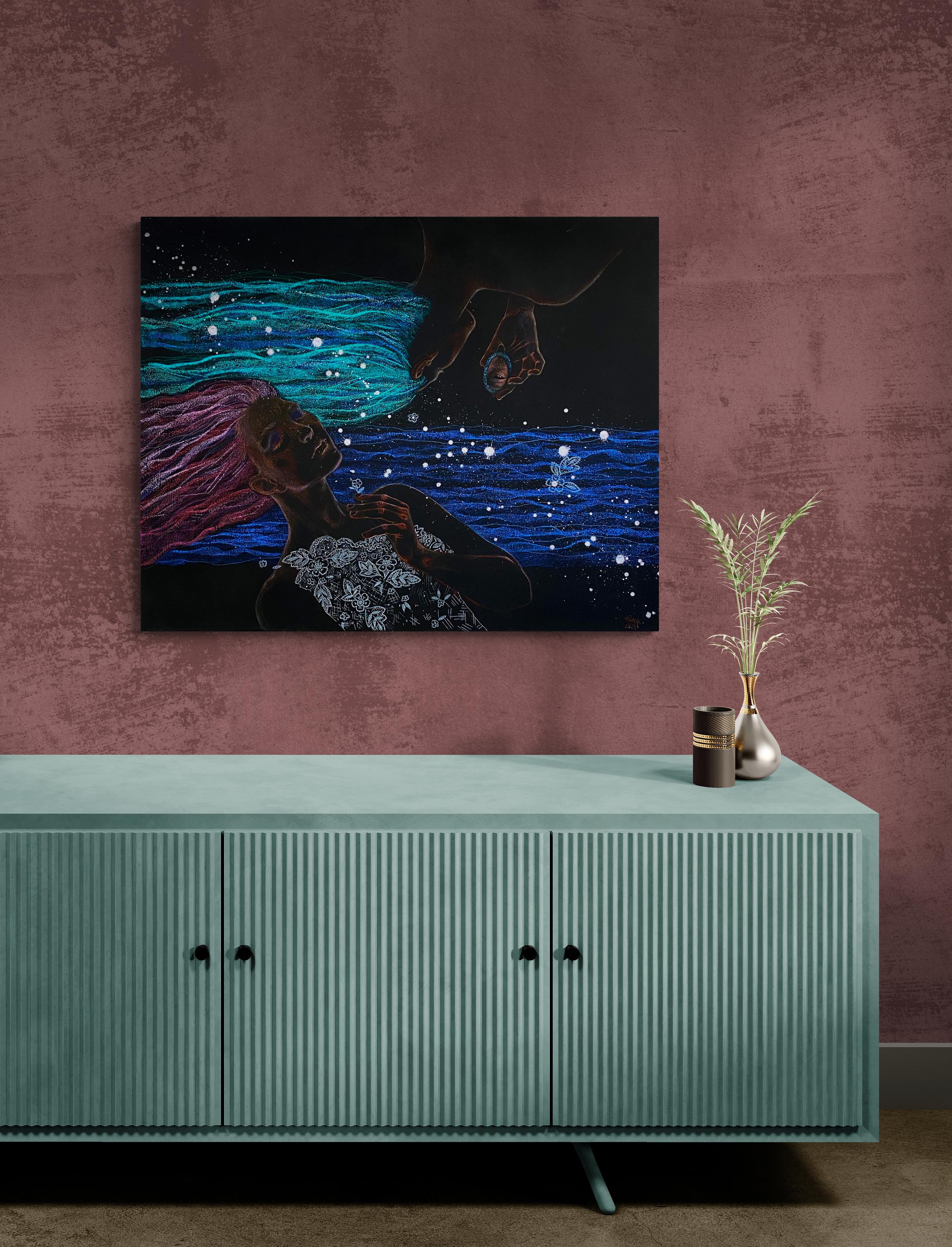 Symbolisches weibliches Doppelporträt, horizontal, dunkel mit blau, lila und türkis (Schwarz), Figurative Painting, von Julia Mordvinova Gilje