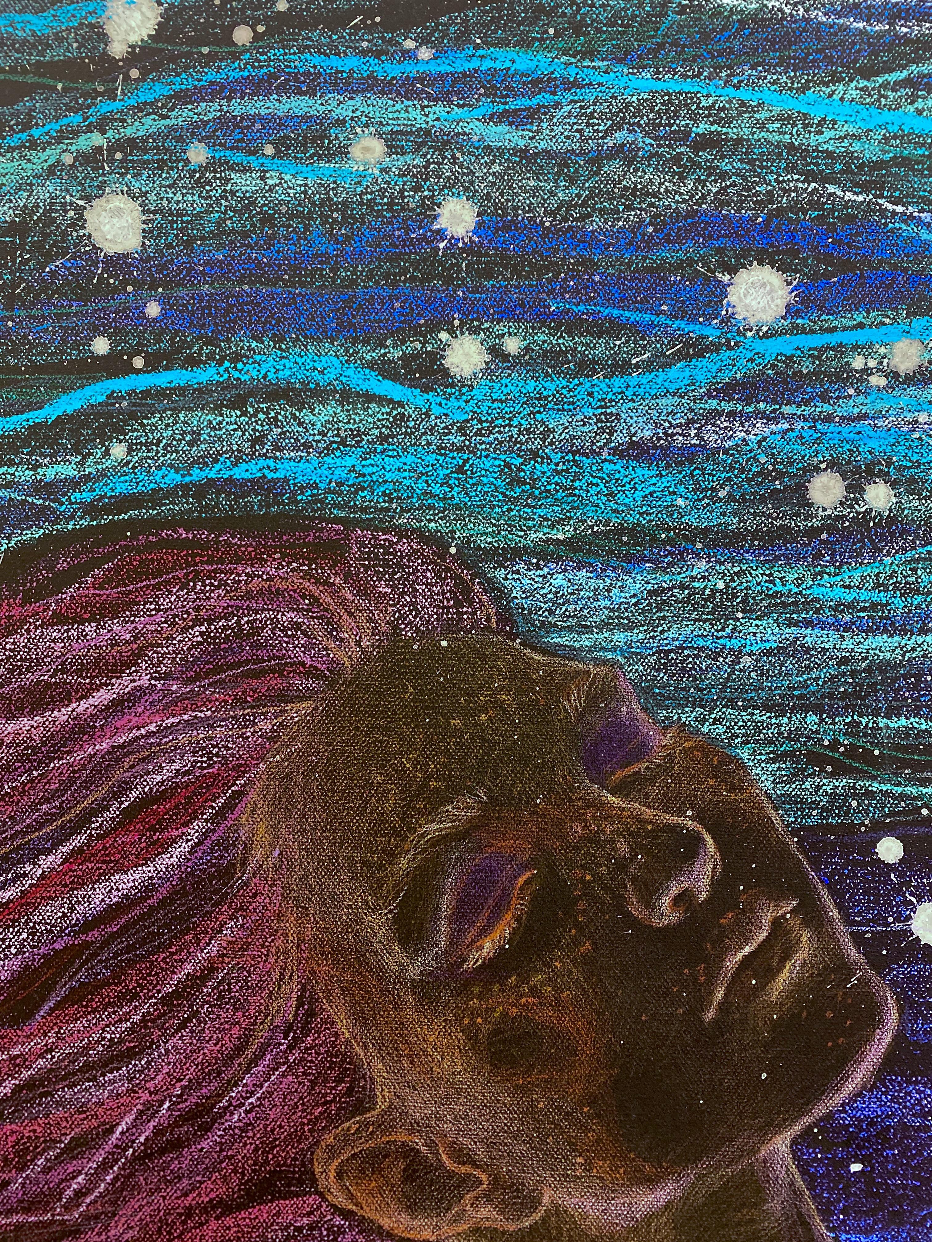 Symbolisches weibliches Doppelporträt, horizontal, dunkel mit blau, lila und türkis im Angebot 3