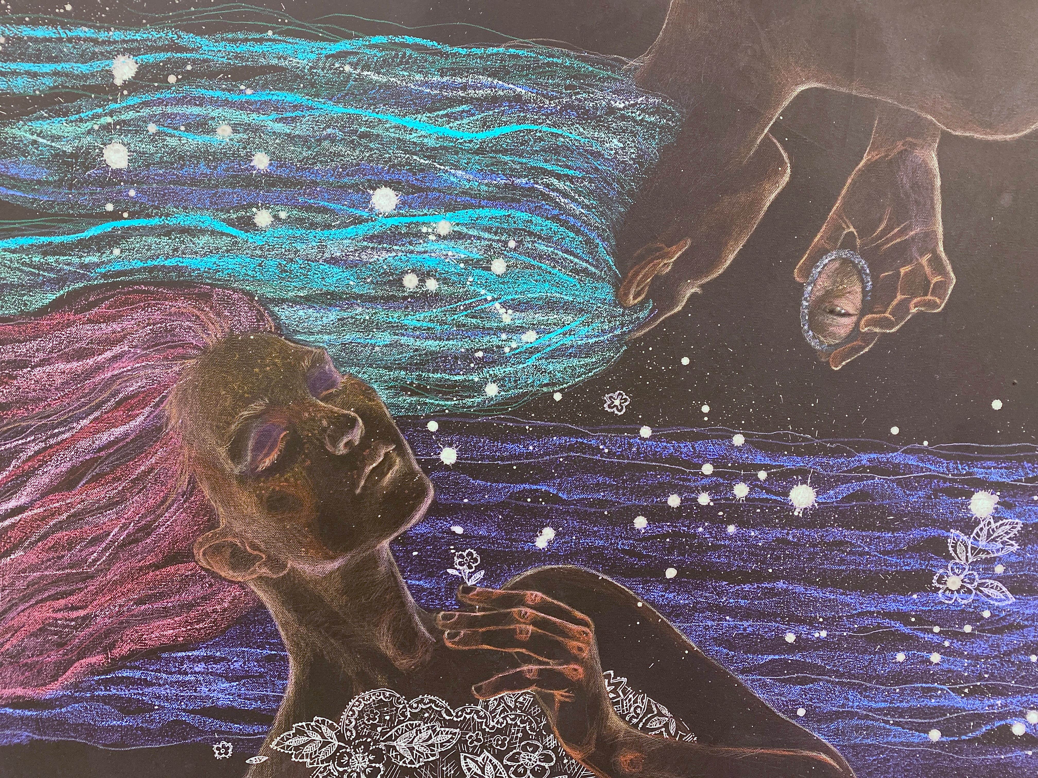 Symbolisches weibliches Doppelporträt, horizontal, dunkel mit blau, lila und türkis im Angebot 4