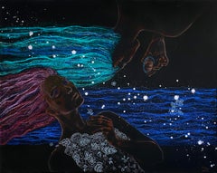 Doppio ritratto femminile simbolico, orizzontale, scuro con blu, lilla e turchese