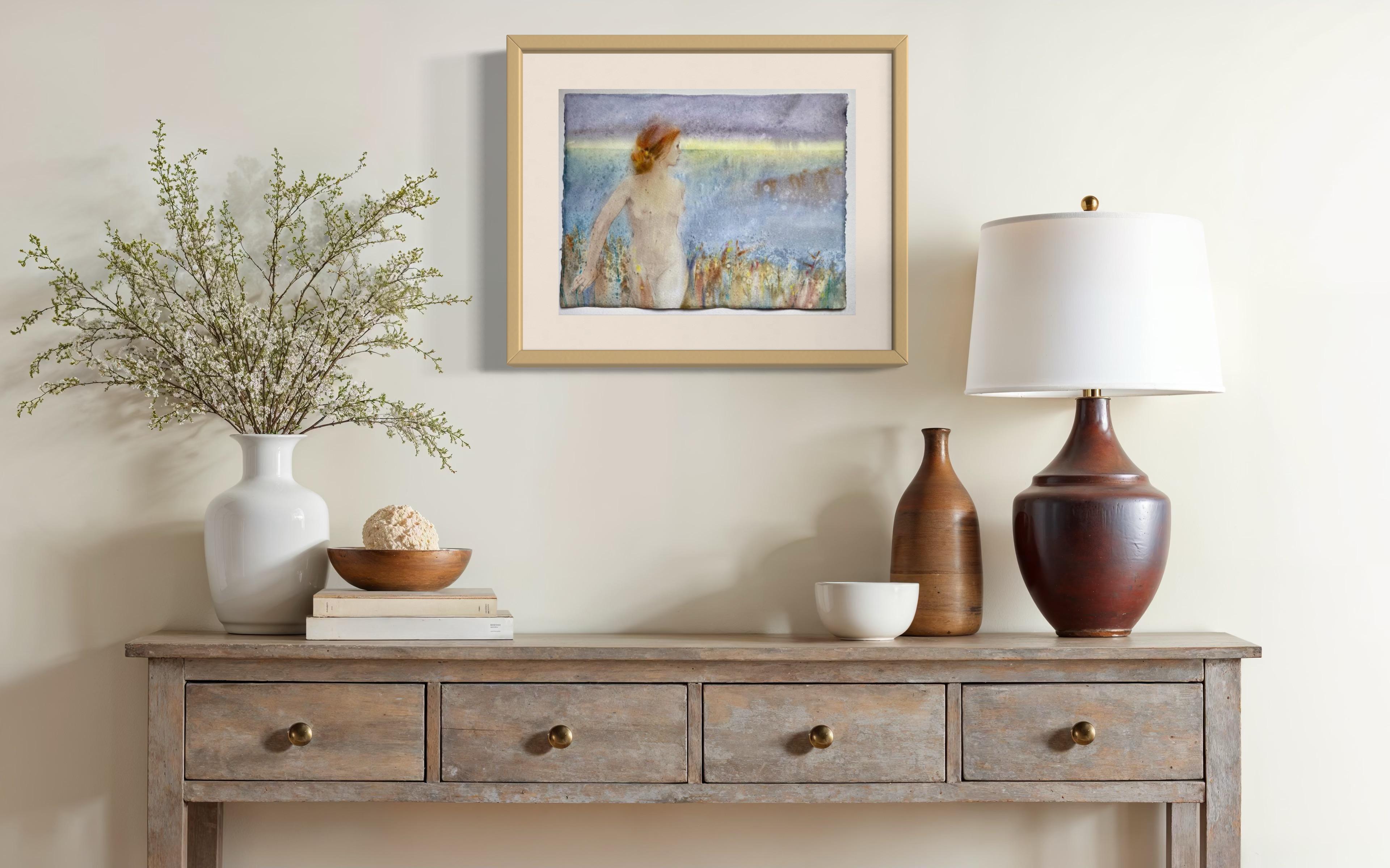 Paseo Crepuscular. Acuarela tierna sobre papel, lavanda, paisaje, tamaño mediano en venta 6