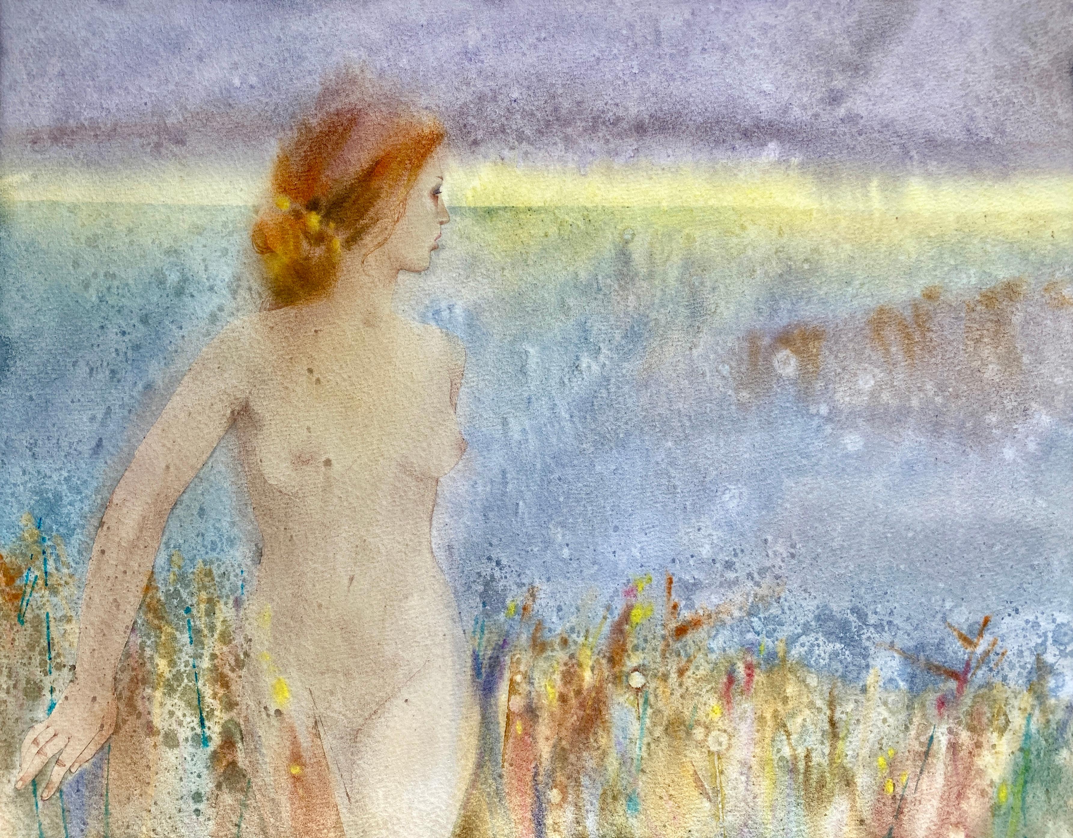 Paseo Crepuscular. Acuarela tierna sobre papel, lavanda, paisaje, tamaño mediano - Art de Julia Mordvinova Gilje