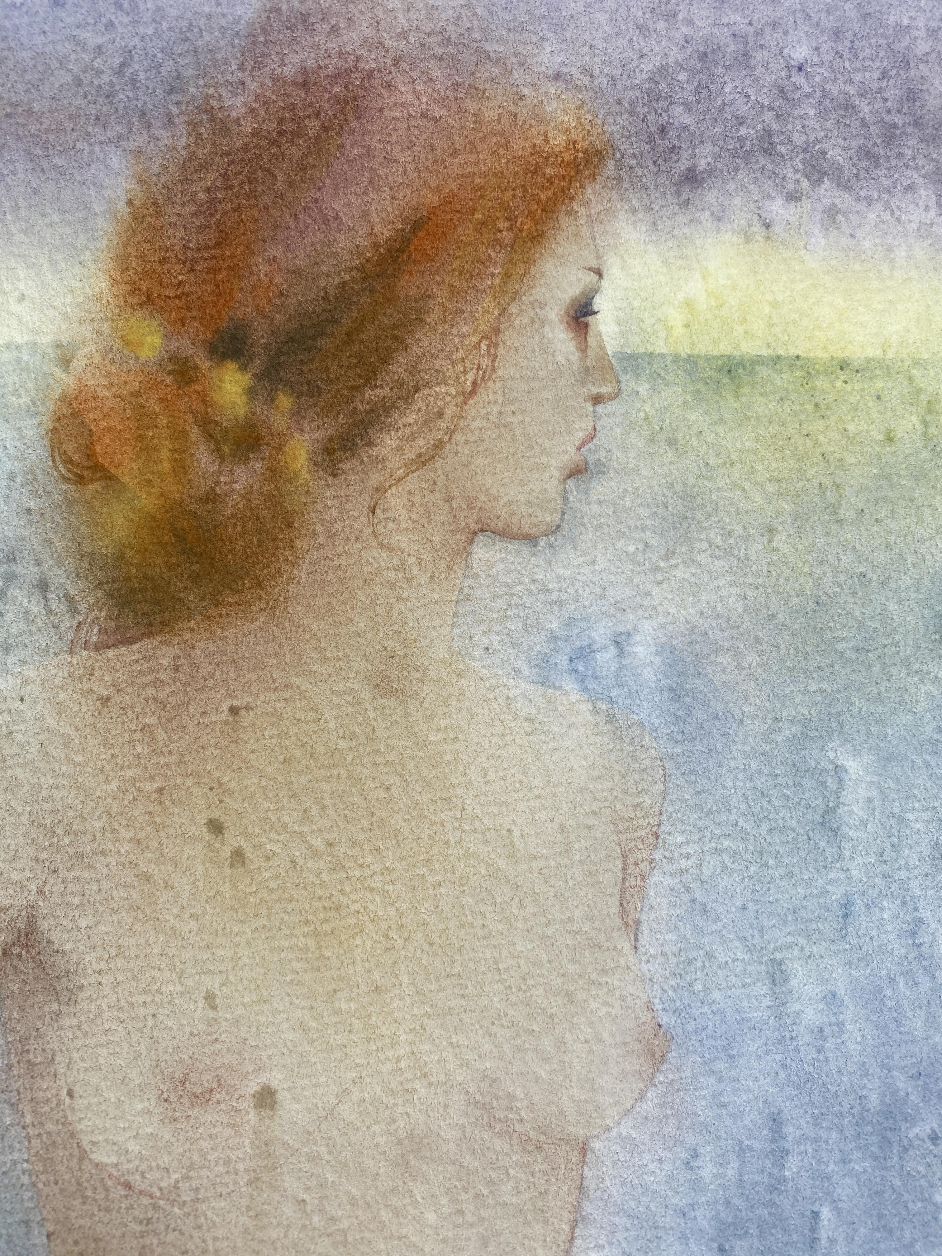 Paseo Crepuscular. Acuarela tierna sobre papel, lavanda, paisaje, tamaño mediano - Nude Gris de Julia Mordvinova Gilje
