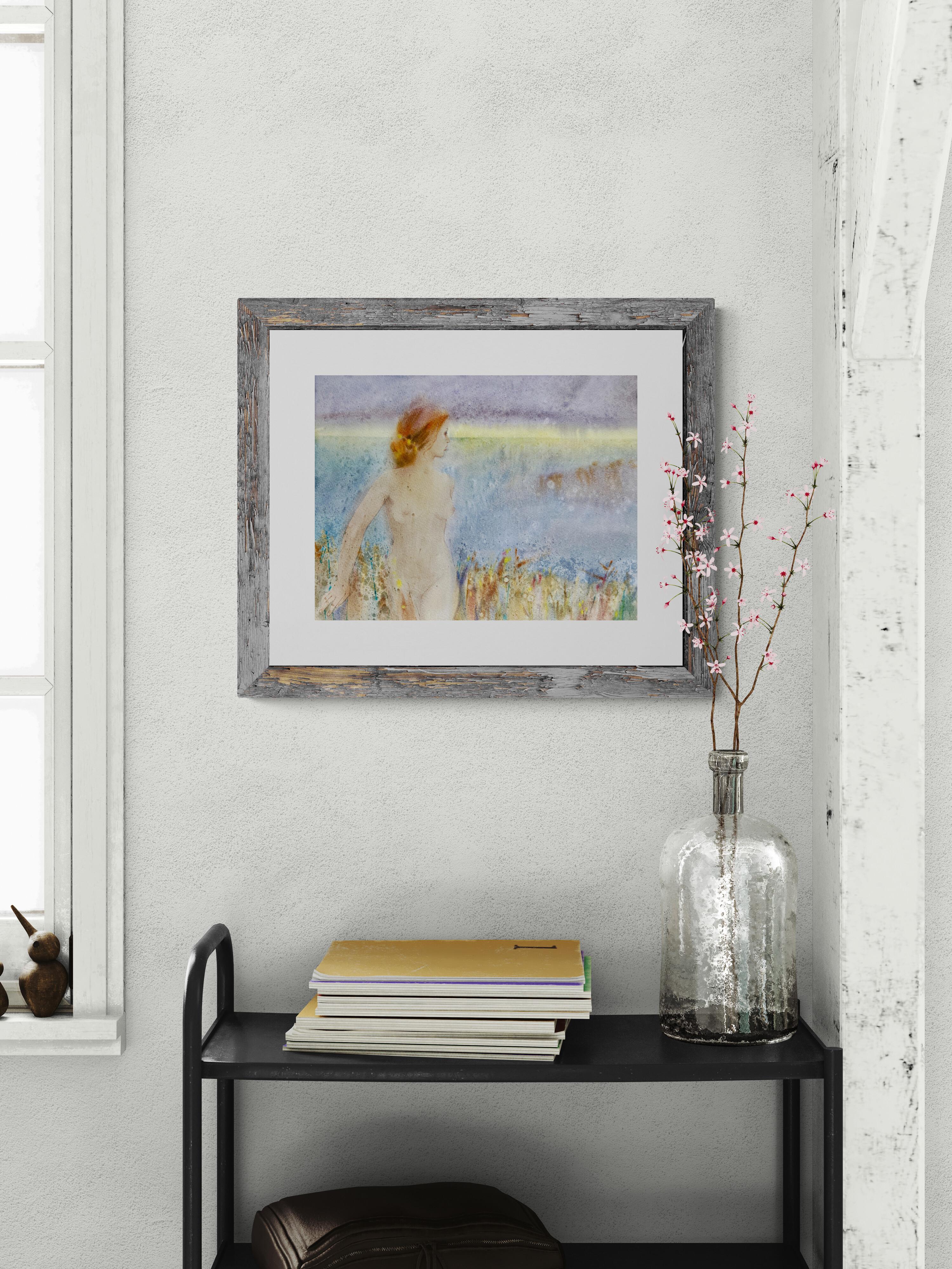 Paseo Crepuscular. Acuarela tierna sobre papel, lavanda, paisaje, tamaño mediano en venta 4
