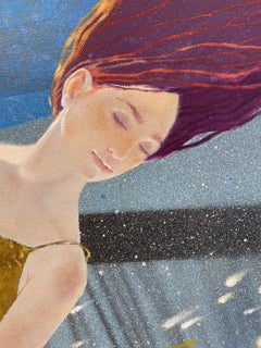 Zen I. Figure féminine flottante symbolique, bleu, tons dorés, onirique, spirituel