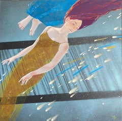 Zen I. Figure féminine flottante symbolique, bleu, tons dorés, onirique, spirituel