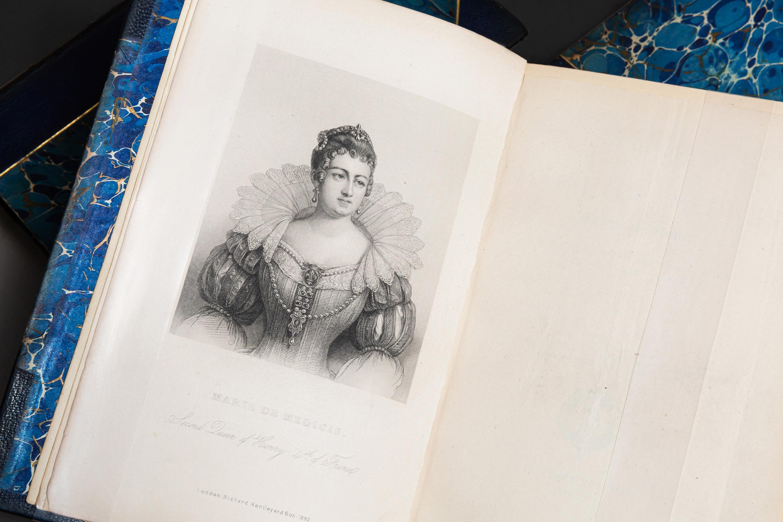 3 Volumes. Julia Pardoe. The Life Of Marie DeMedicis. Queen Of France. Bound In 3/4 Blue Morocco, Marbled Boards and Endpapers, Top Edges Gilt, Raised Bands, Ornate Gilt On Spines, Illustrated. Published:
London: Richard Bentley & Son 1890.