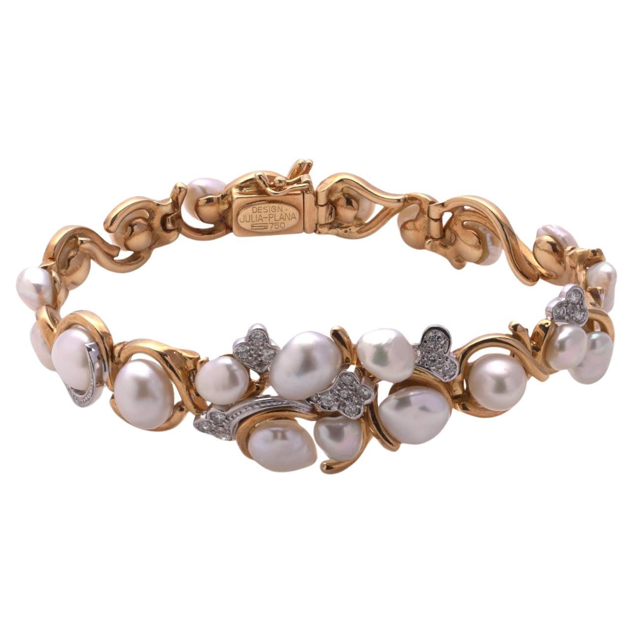 Pulsera Julia Plana de Oro de 18 KT con Perlas del Mar del Sur y Diamantes