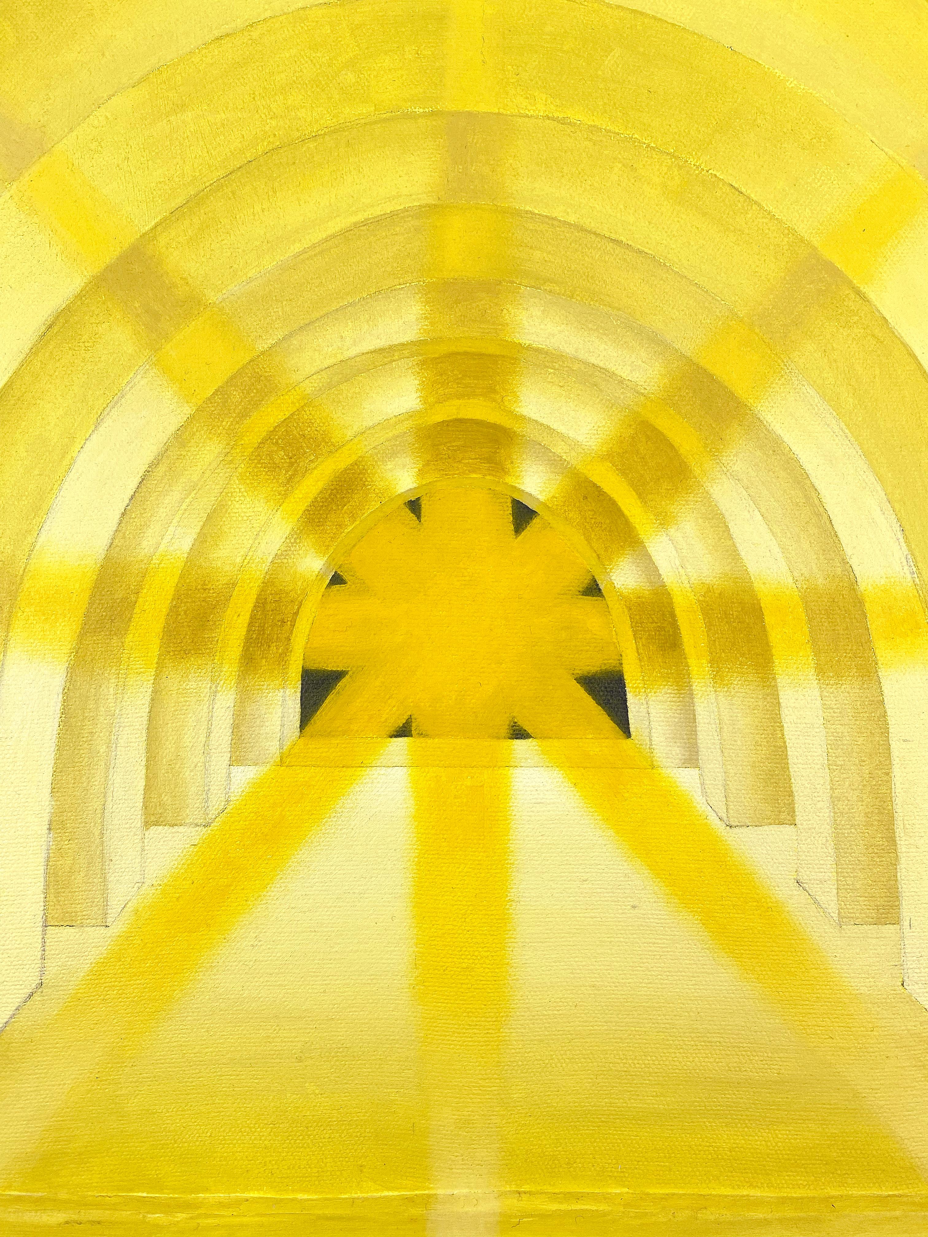 La Grande Sala del Sole, geometrico, architettura, sole, raggi gialli, archi - Painting Contemporaneo di Julia Policastro