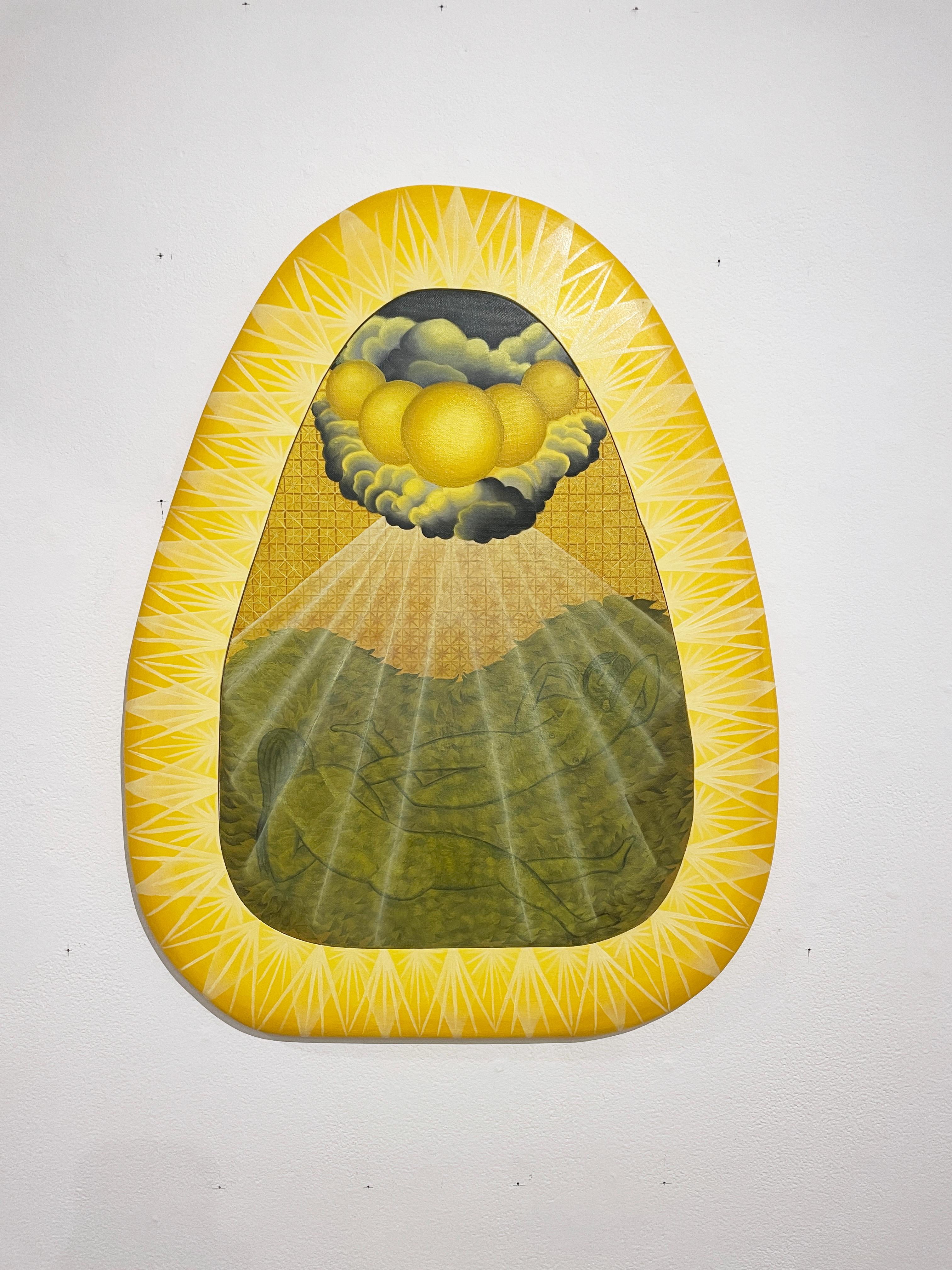Los bañistas del sol, figurativo, paisaje, mujer, sol, rayos amarillos, colina verde en venta 2