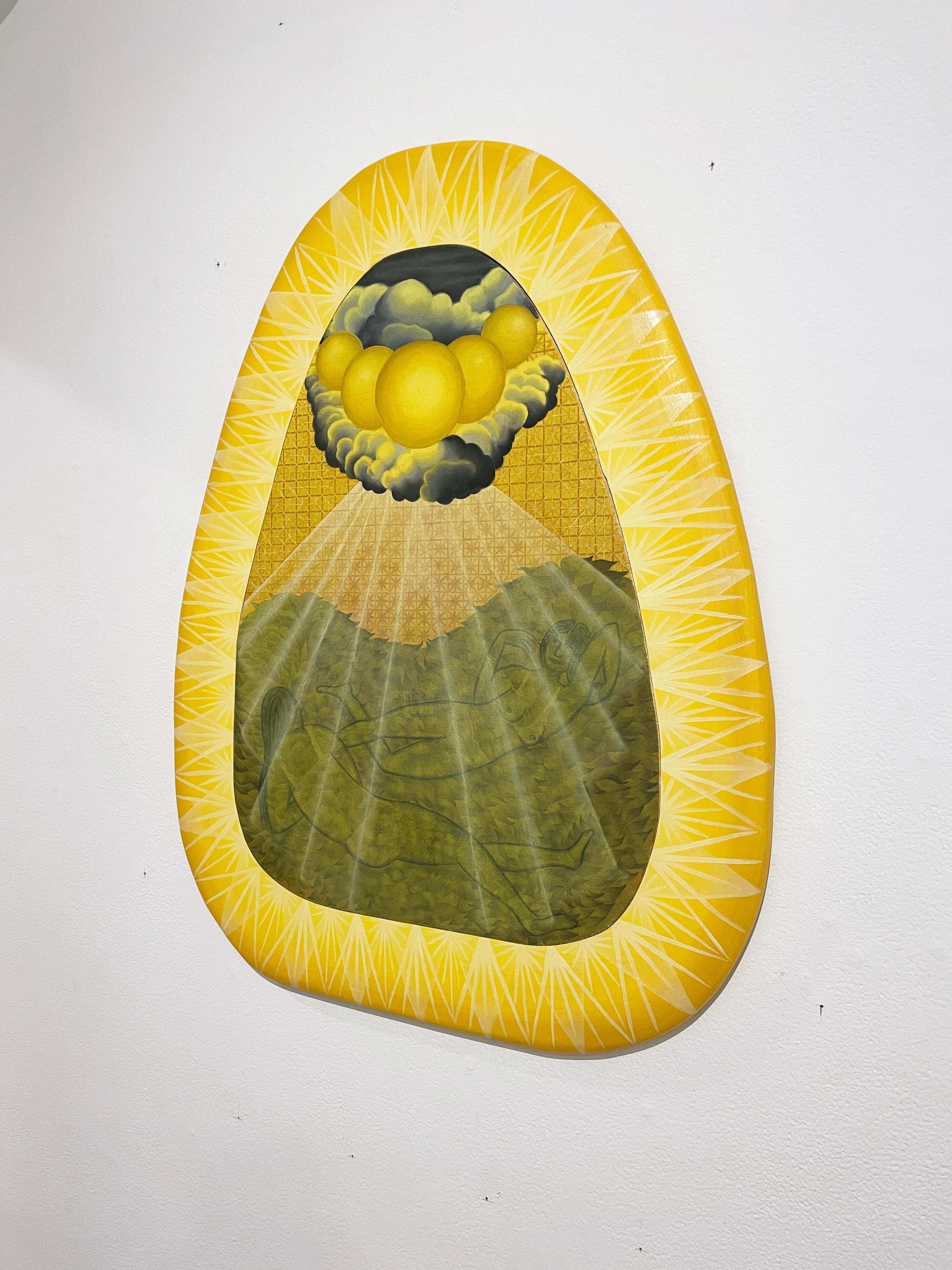Los bañistas del sol, figurativo, paisaje, mujer, sol, rayos amarillos, colina verde en venta 3