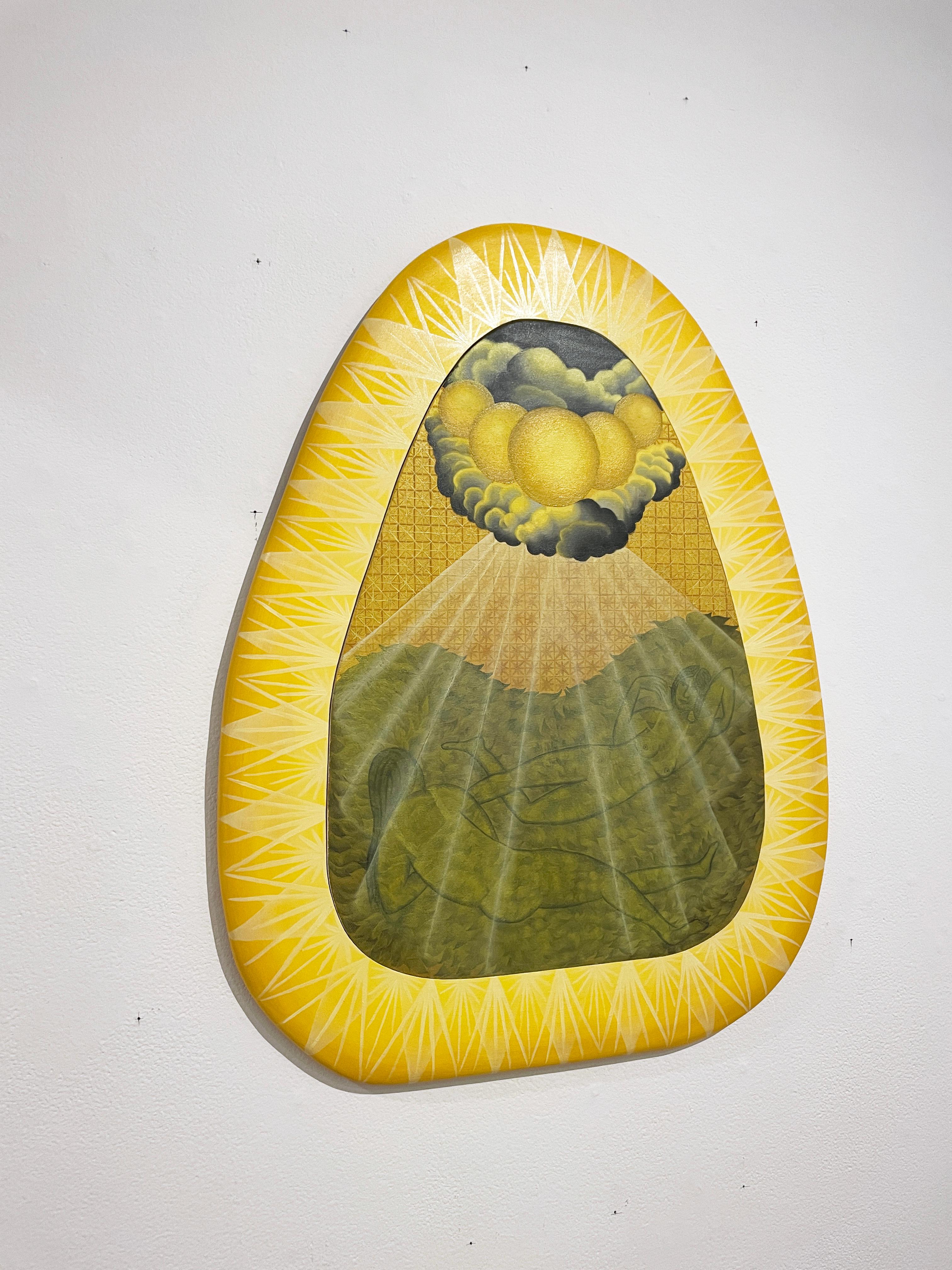 Los bañistas del sol, figurativo, paisaje, mujer, sol, rayos amarillos, colina verde en venta 4